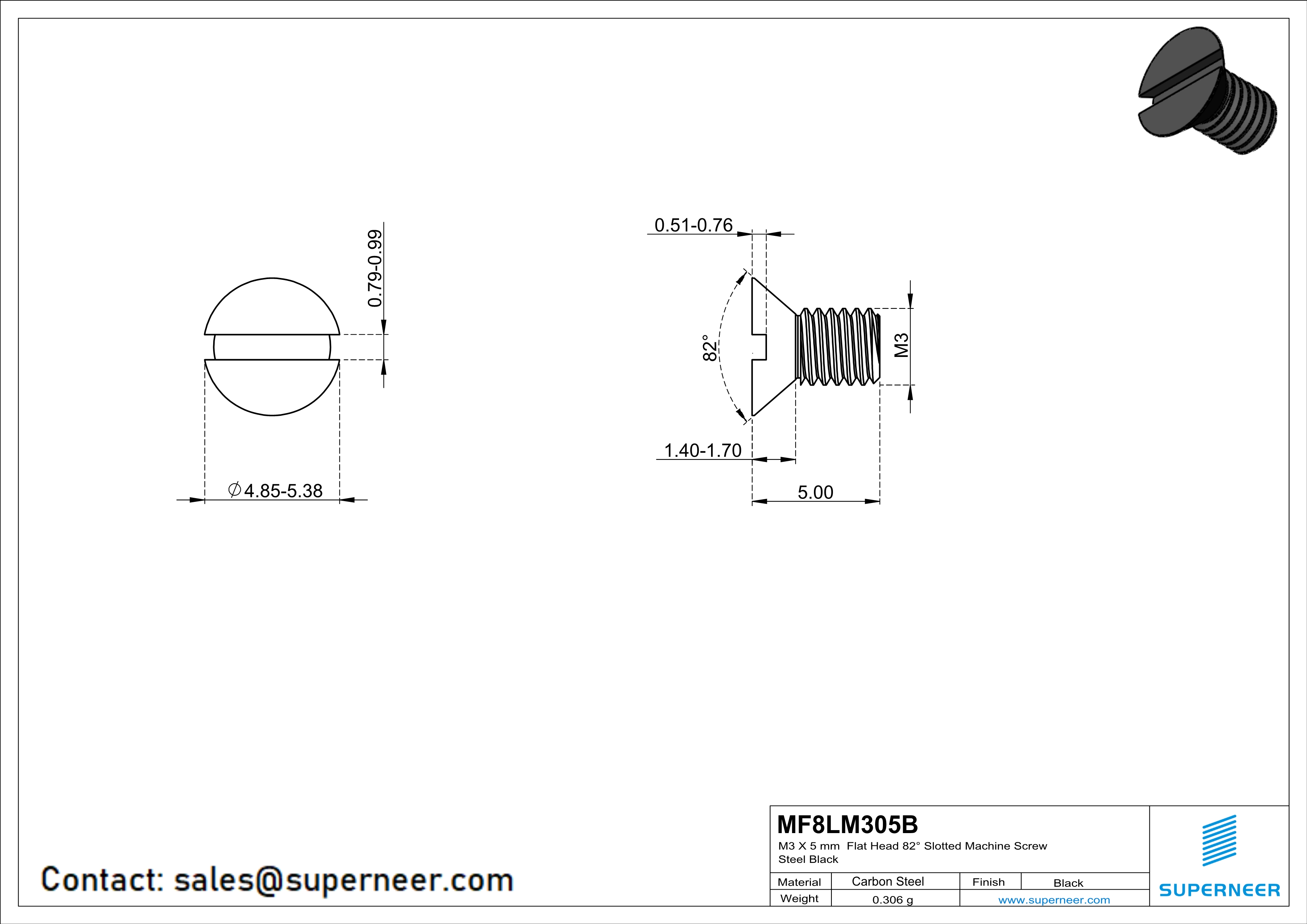 M3 x 5 mm Flat Head 82° Slotted Machine Screw Steel Black