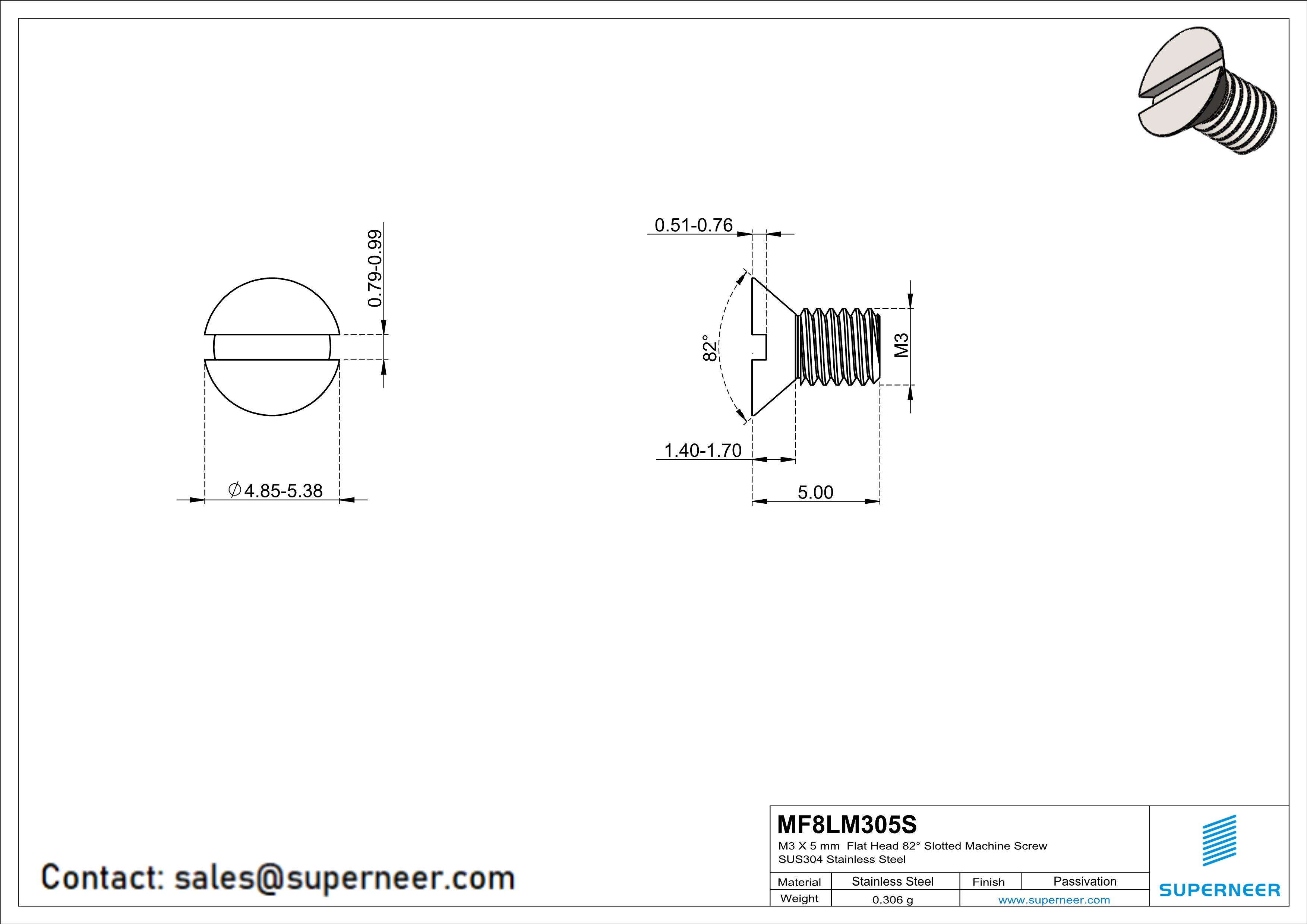 M3 x 5 mm  Flat Head 82° Slotted Machine Screw SUS304 Stainless Steel Inox