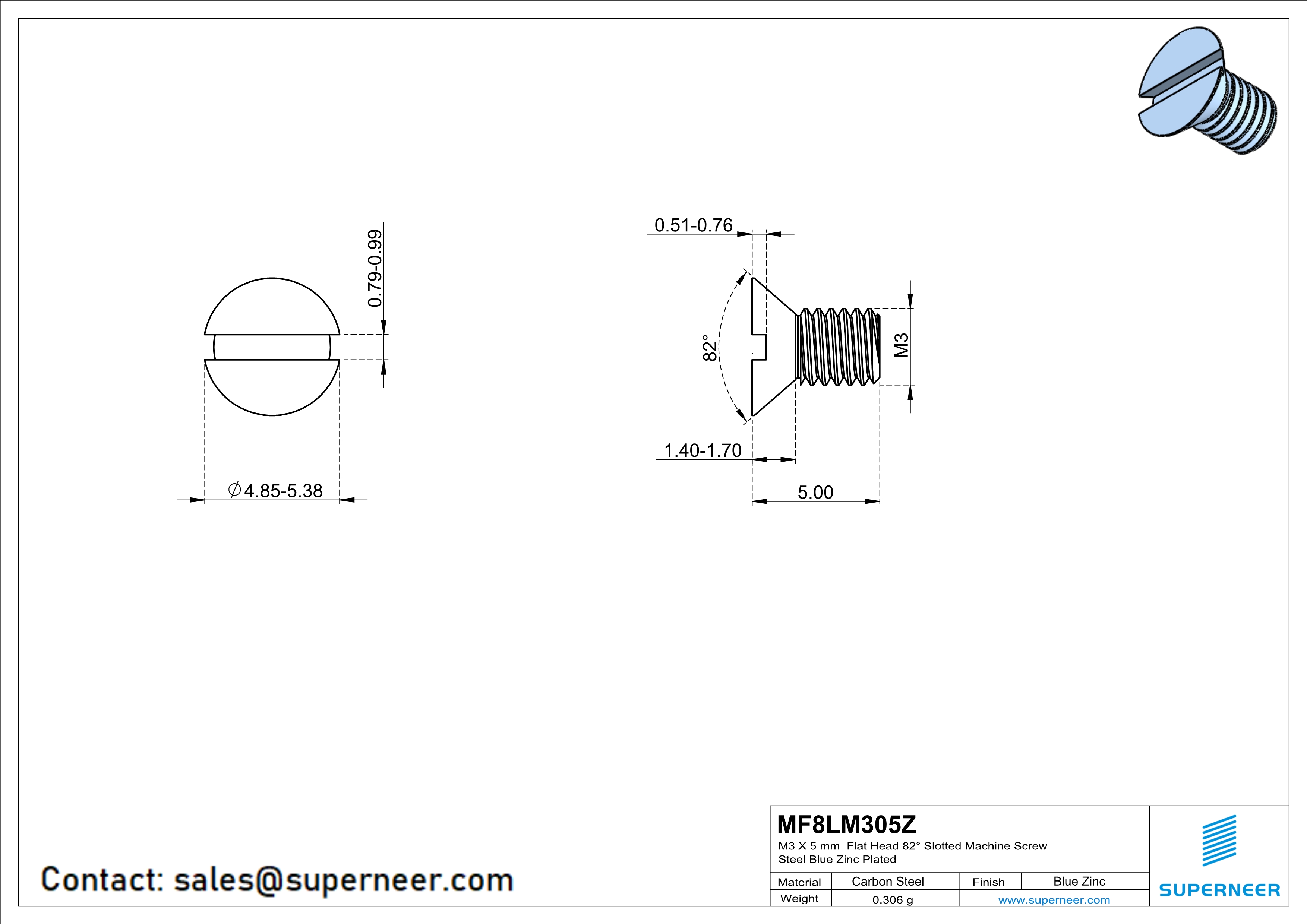 M3 x 5 mm Flat Head 82° Slotted Machine Screw Steel Blue Zinc Plated