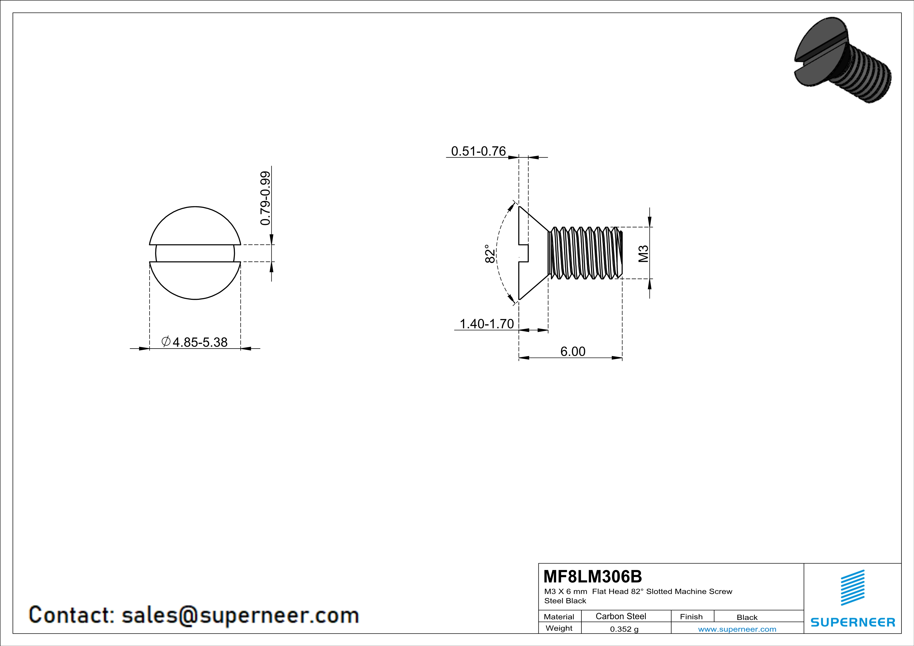 M3 x 6 mm Flat Head 82° Slotted Machine Screw Steel Black