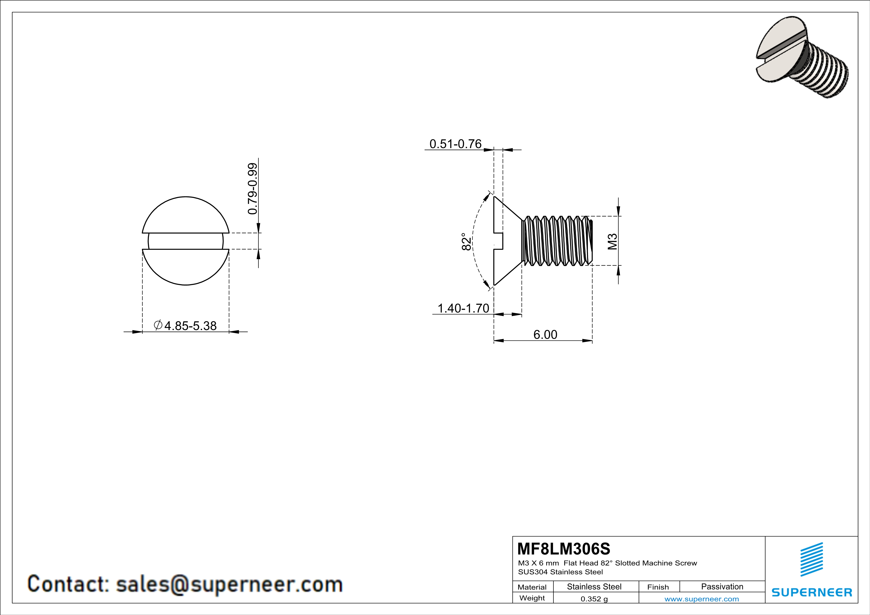 M3 x 6 mm  Flat Head 82° Slotted Machine Screw SUS304 Stainless Steel Inox