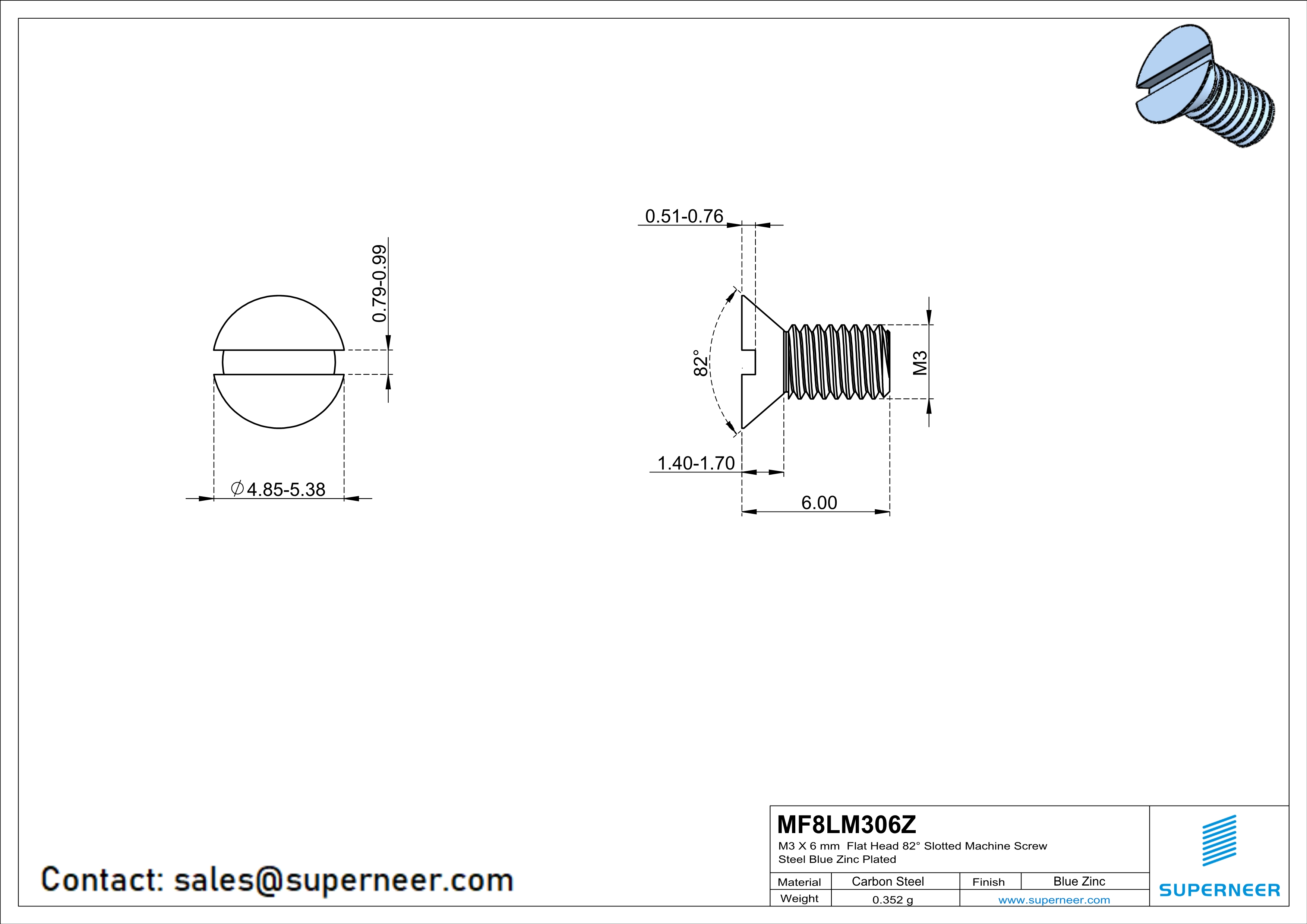 M3 x 6 mm Flat Head 82° Slotted Machine Screw Steel Blue Zinc Plated