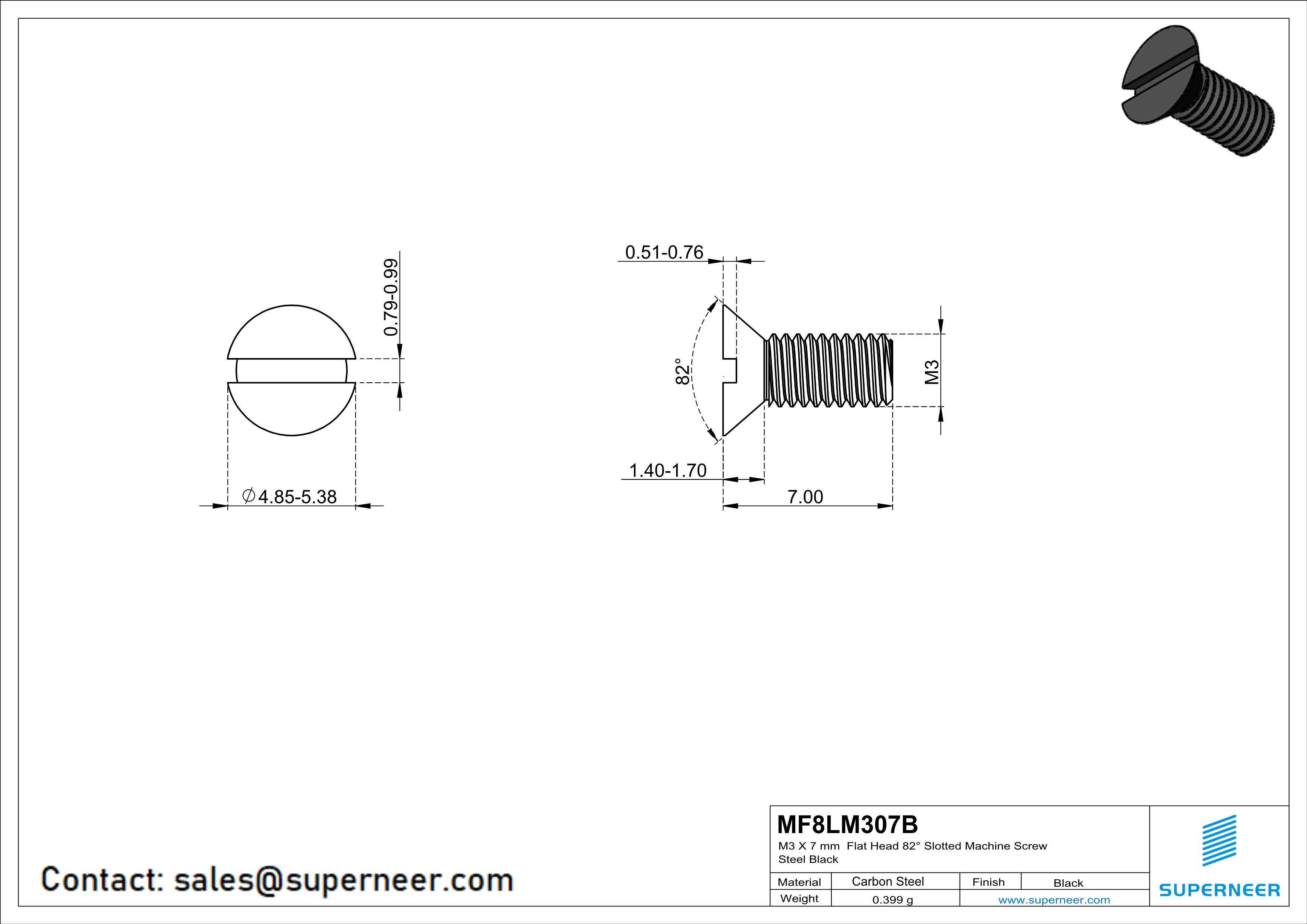 M3 x 7 mm Flat Head 82° Slotted Machine Screw Steel Black