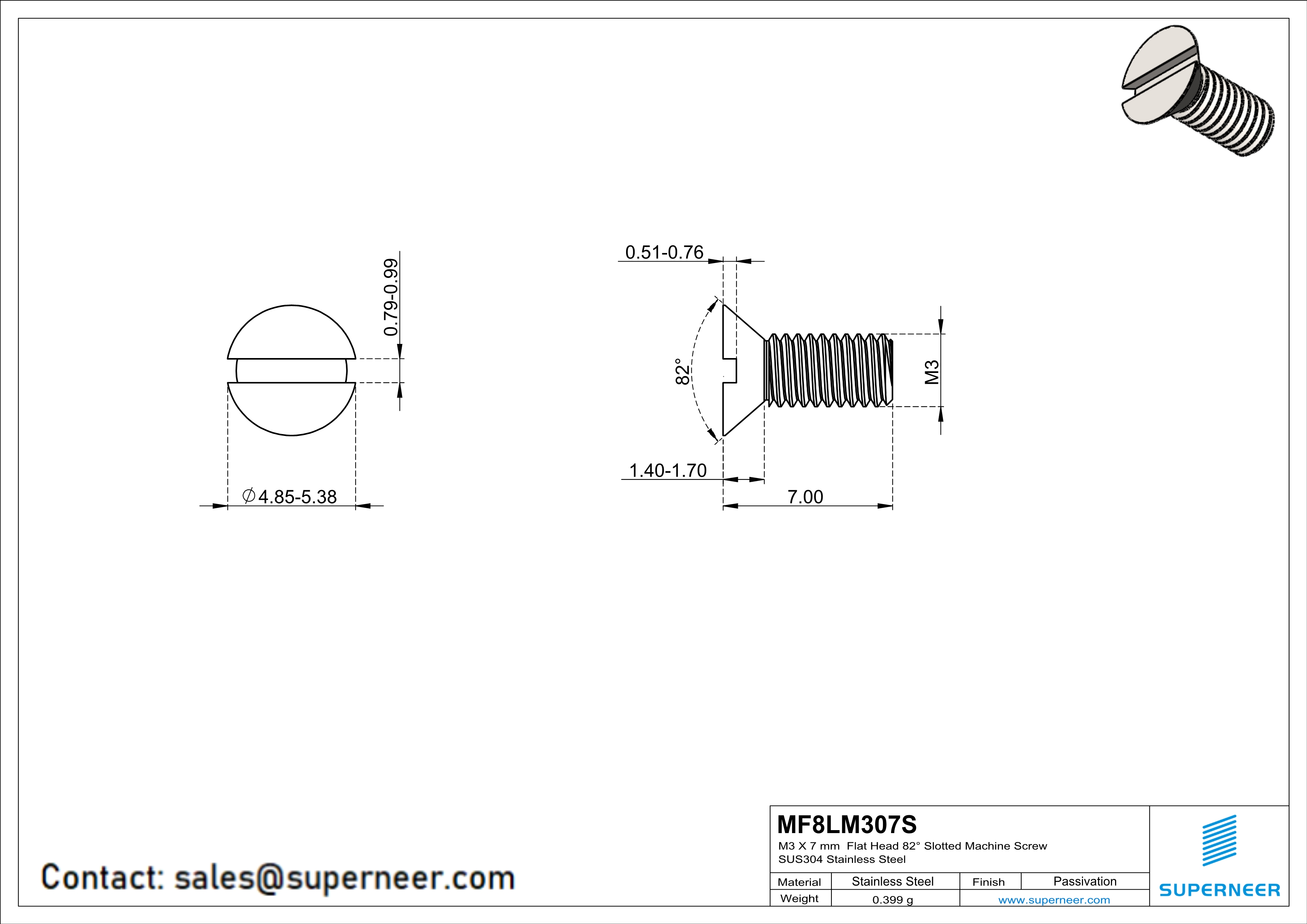 M3 x 7 mm  Flat Head 82° Slotted Machine Screw SUS304 Stainless Steel Inox