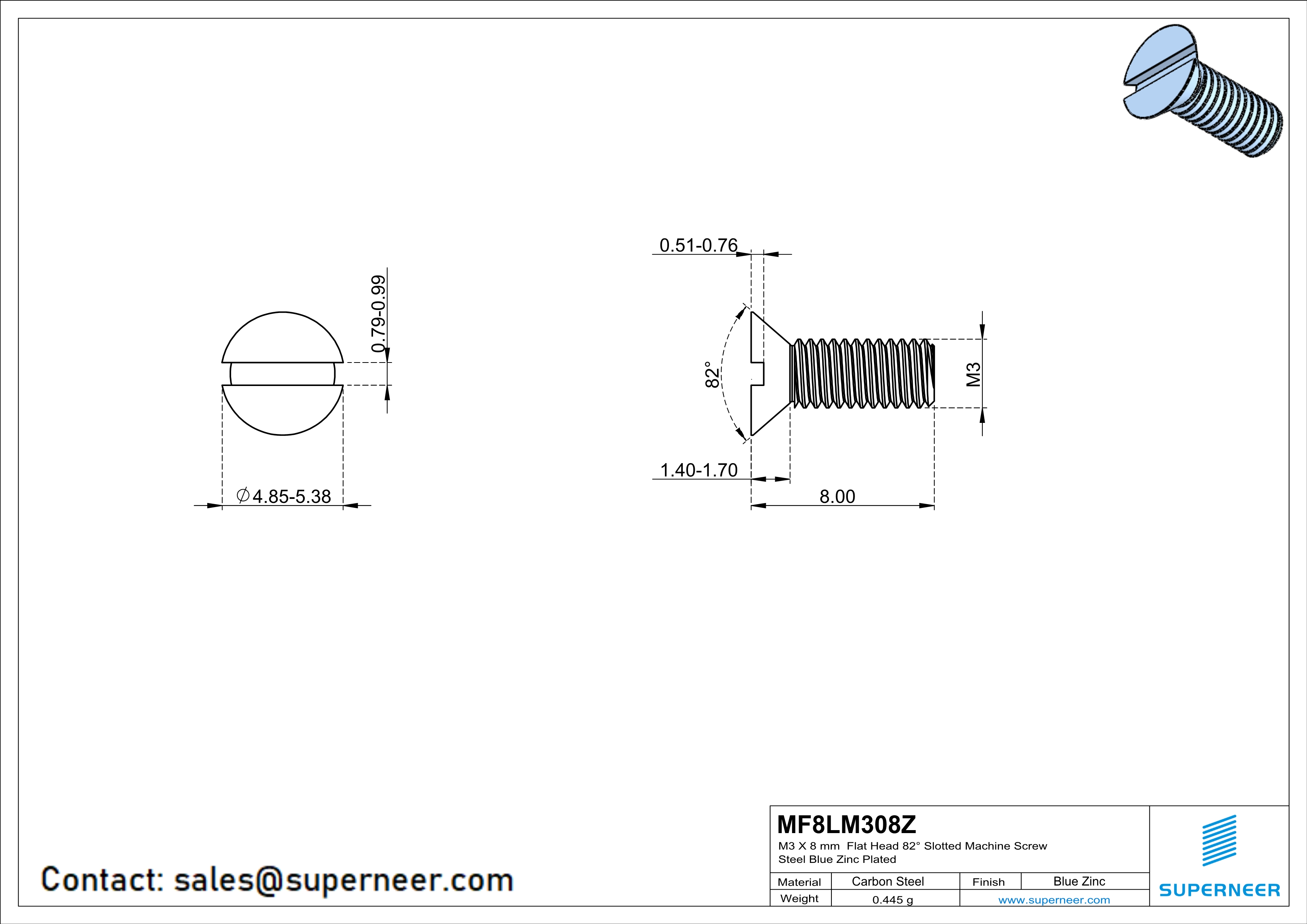 M3 x 8 mm Flat Head 82° Slotted Machine Screw Steel Blue Zinc Plated