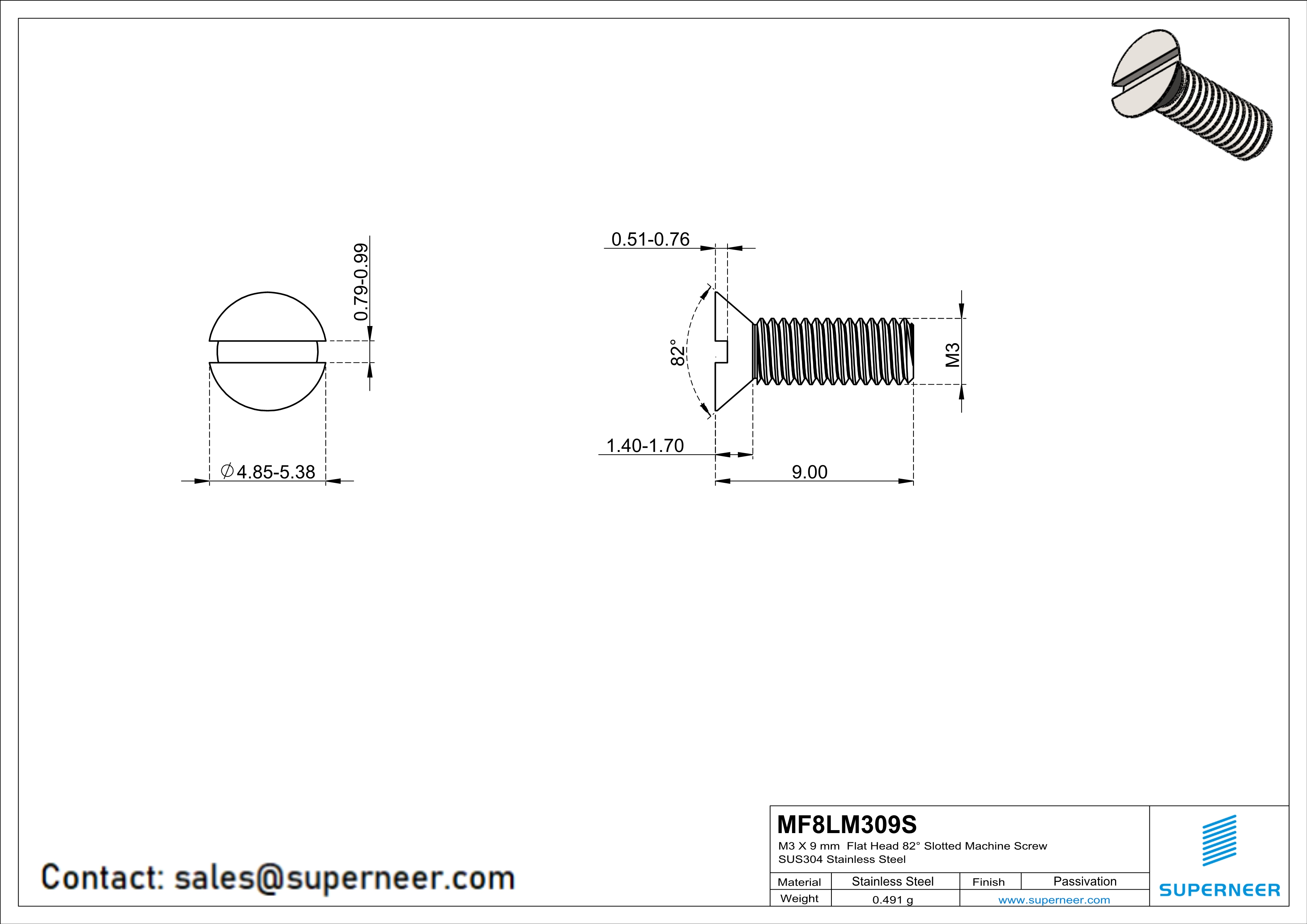 M3 x 9 mm  Flat Head 82° Slotted Machine Screw SUS304 Stainless Steel Inox