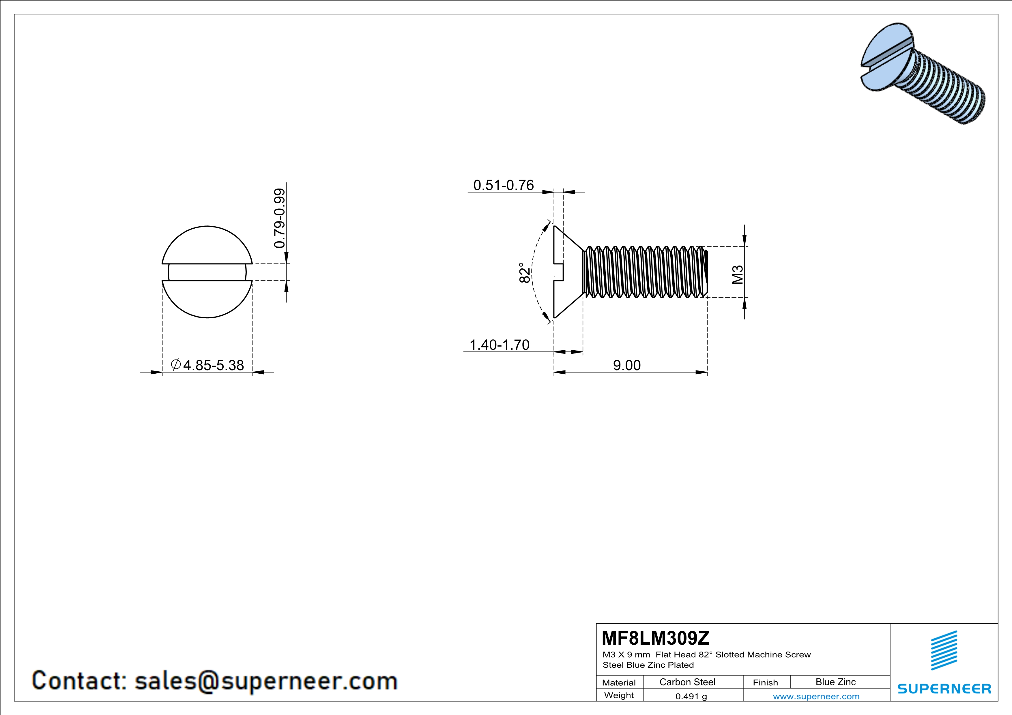 M3 x 9 mm Flat Head 82° Slotted Machine Screw Steel Blue Zinc Plated