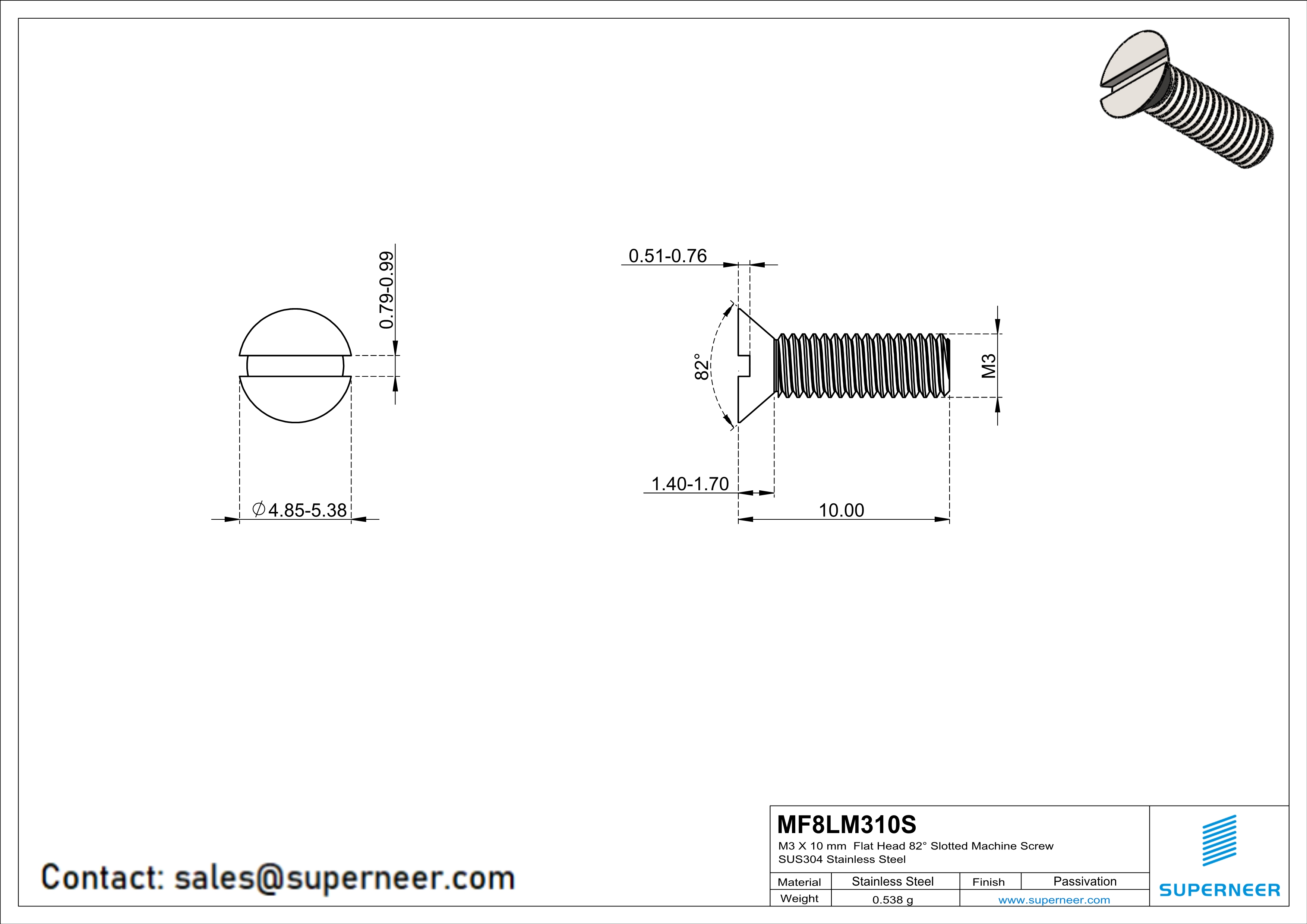 M3 x 10 mm  Flat Head 82° Slotted Machine Screw SUS304 Stainless Steel Inox