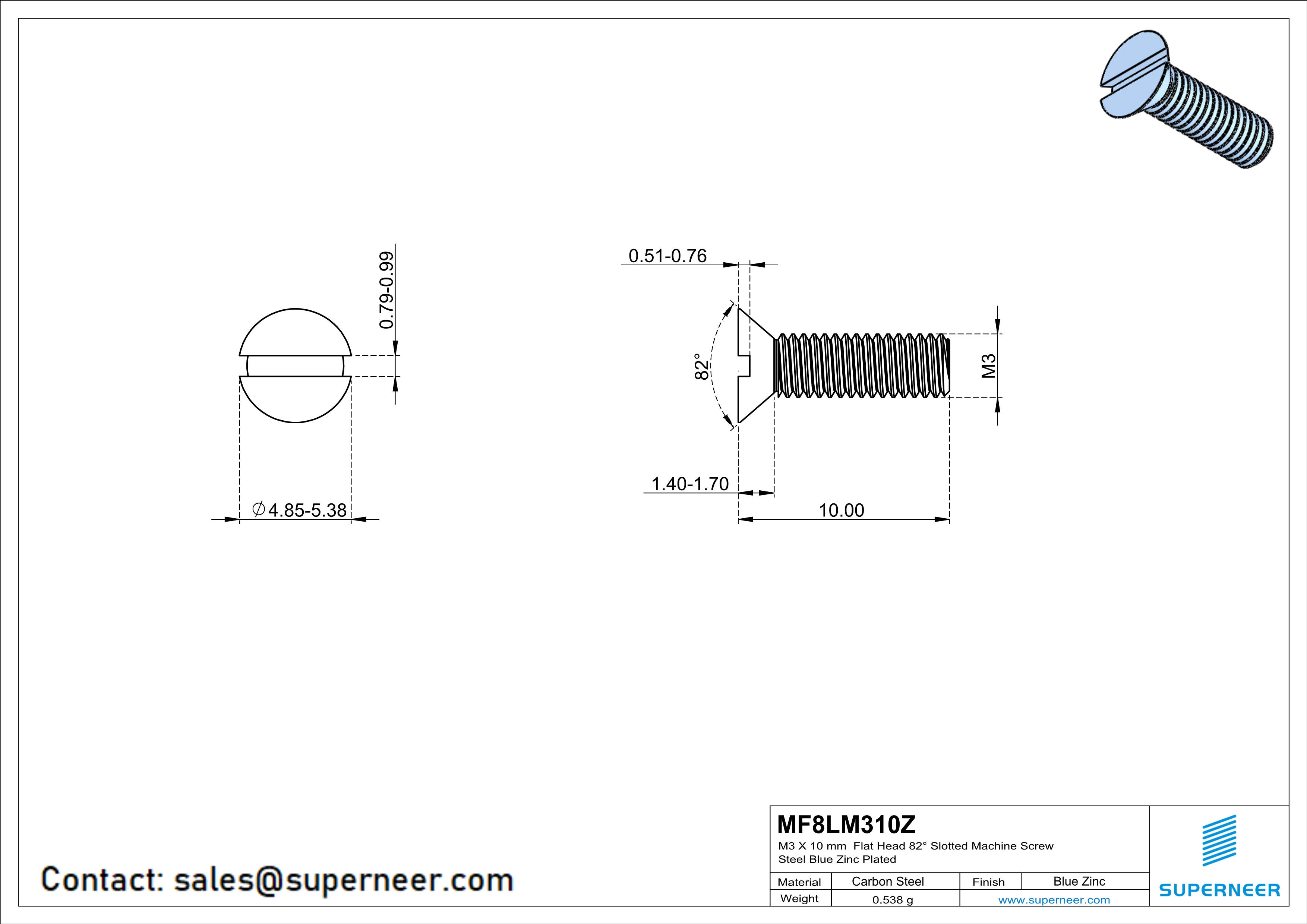 M3 x 10 mm Flat Head 82° Slotted Machine Screw Steel Blue Zinc Plated