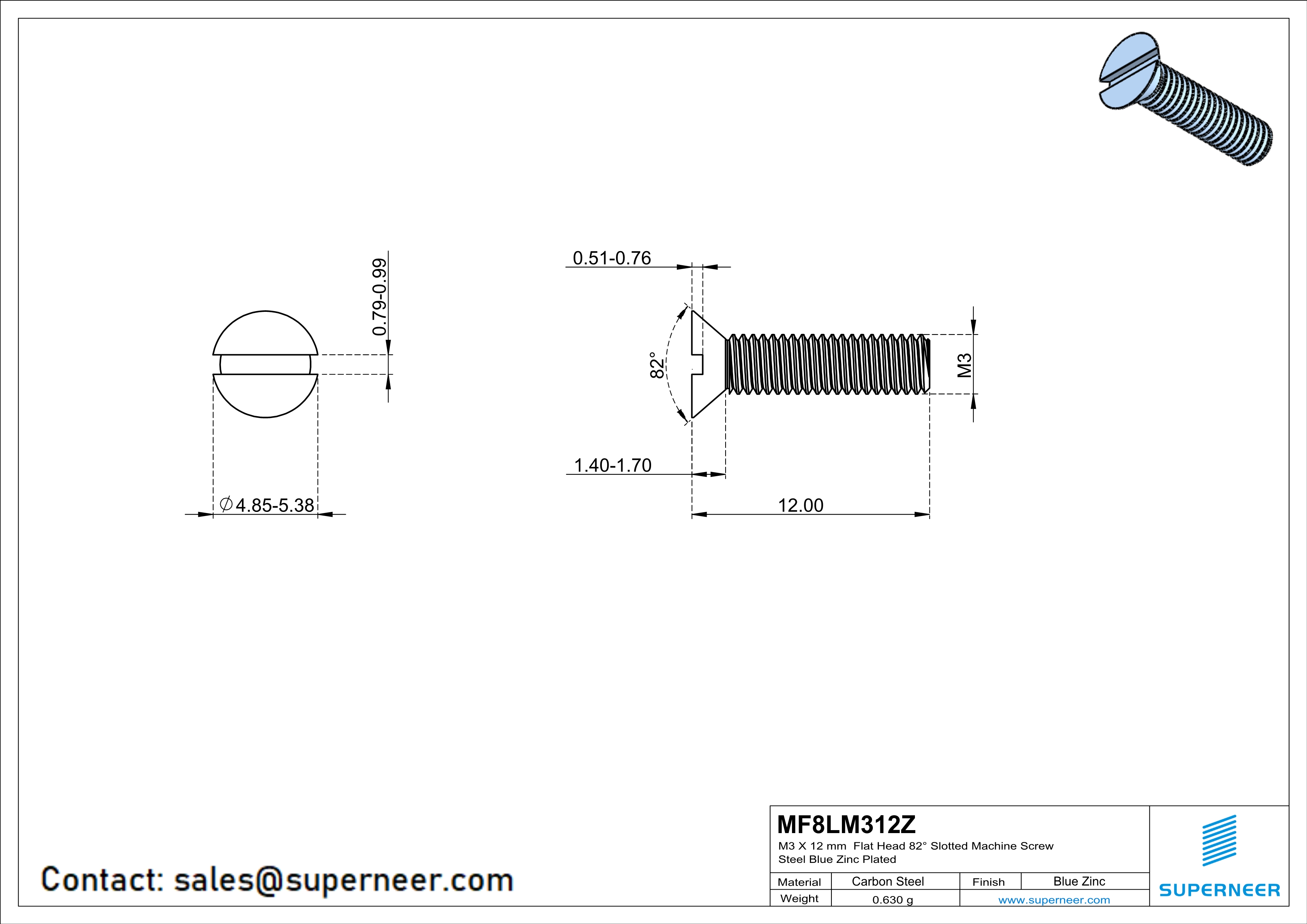 M3 x 12 mm Flat Head 82° Slotted Machine Screw Steel Blue Zinc Plated