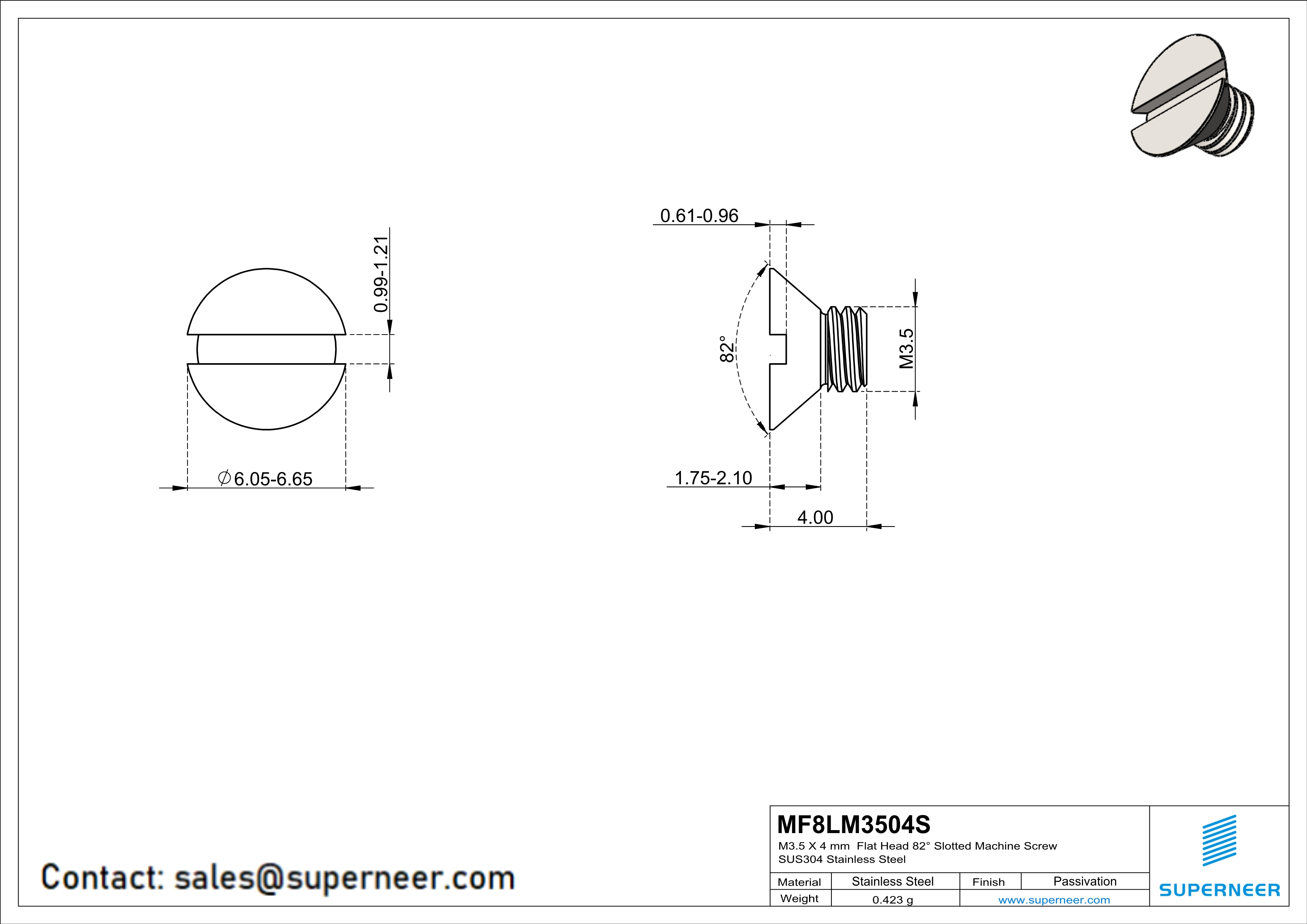 M3.5 x 4 mm  Flat Head 82° Slotted Machine Screw SUS304 Stainless Steel Inox