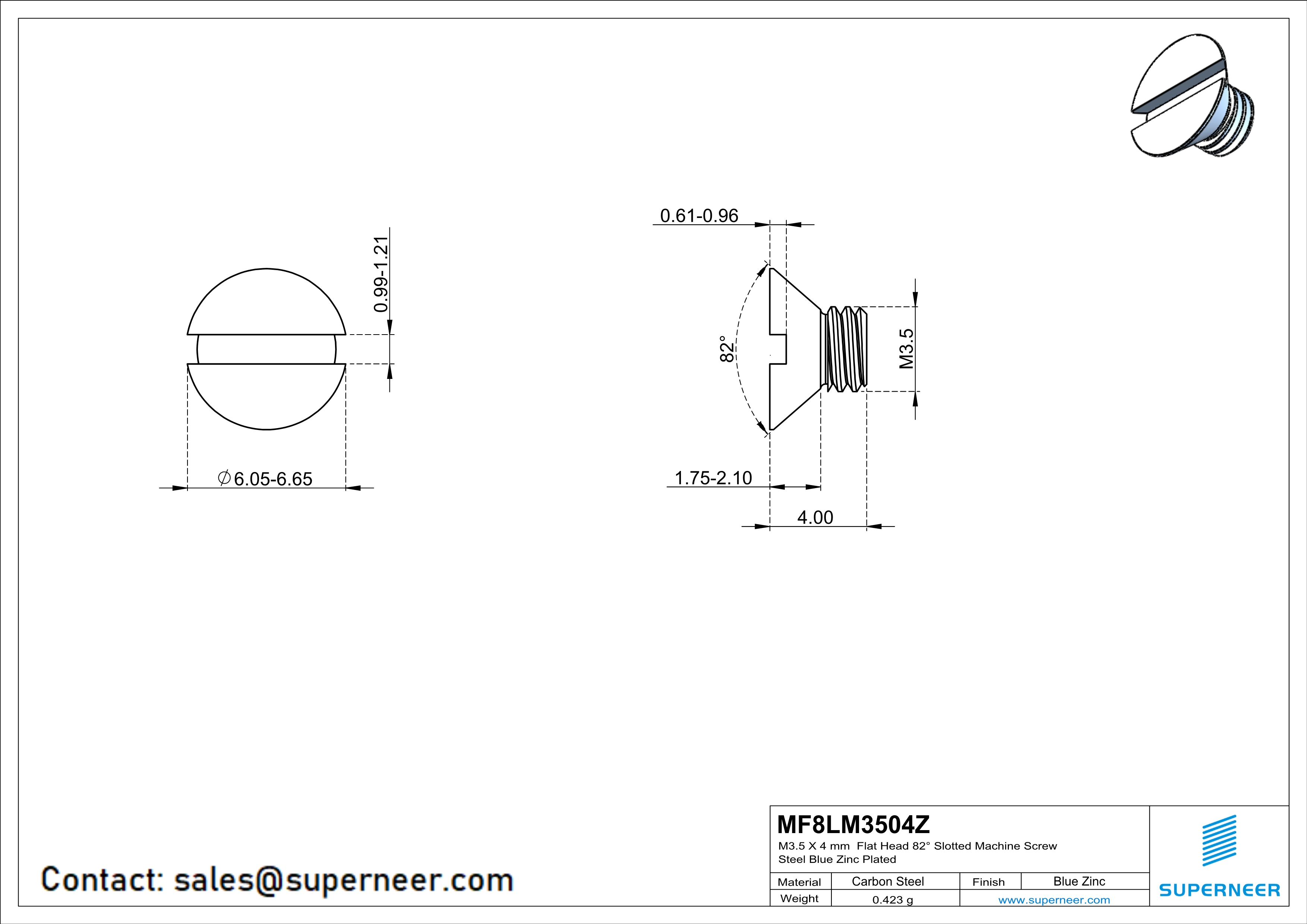 M3.5 x 4 mm Flat Head 82° Slotted Machine Screw Steel Blue Zinc Plated