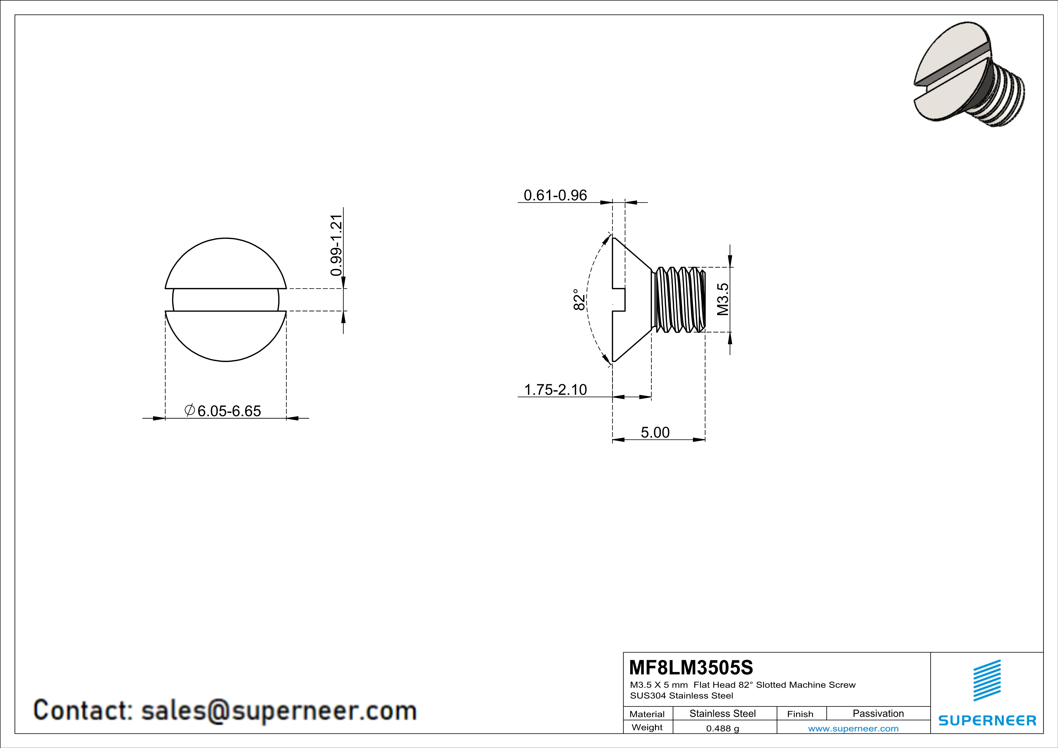 M3.5 x 5 mm  Flat Head 82° Slotted Machine Screw SUS304 Stainless Steel Inox