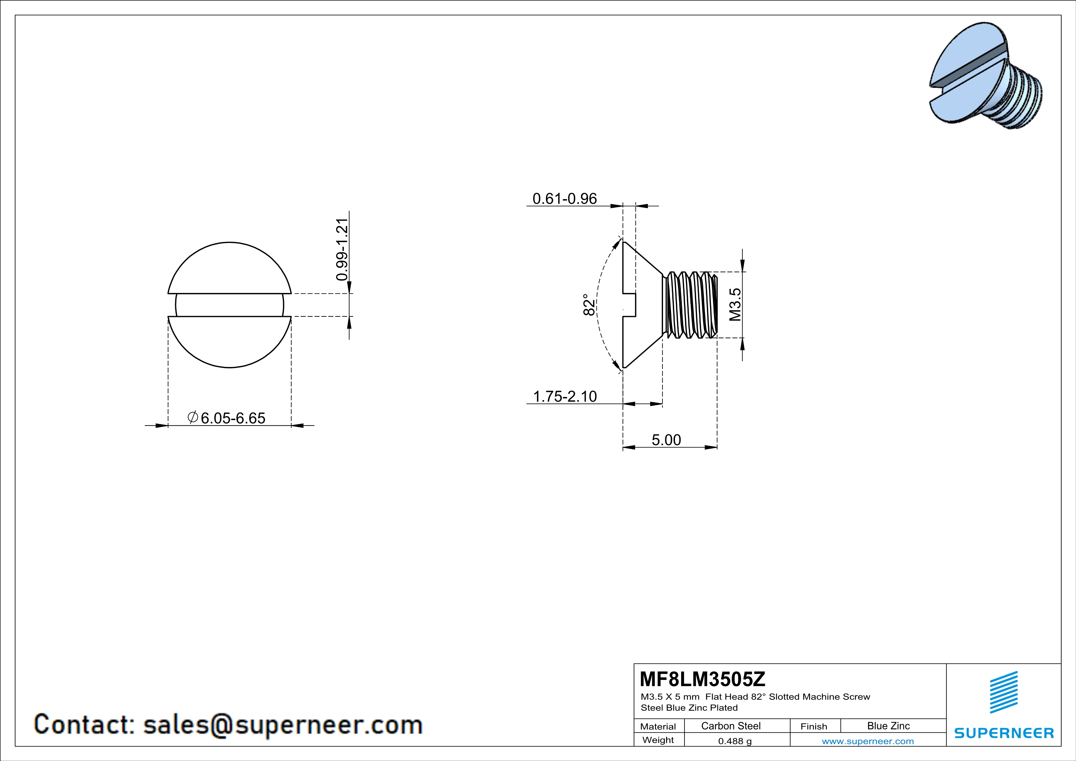 M3.5 x 5 mm Flat Head 82° Slotted Machine Screw Steel Blue Zinc Plated