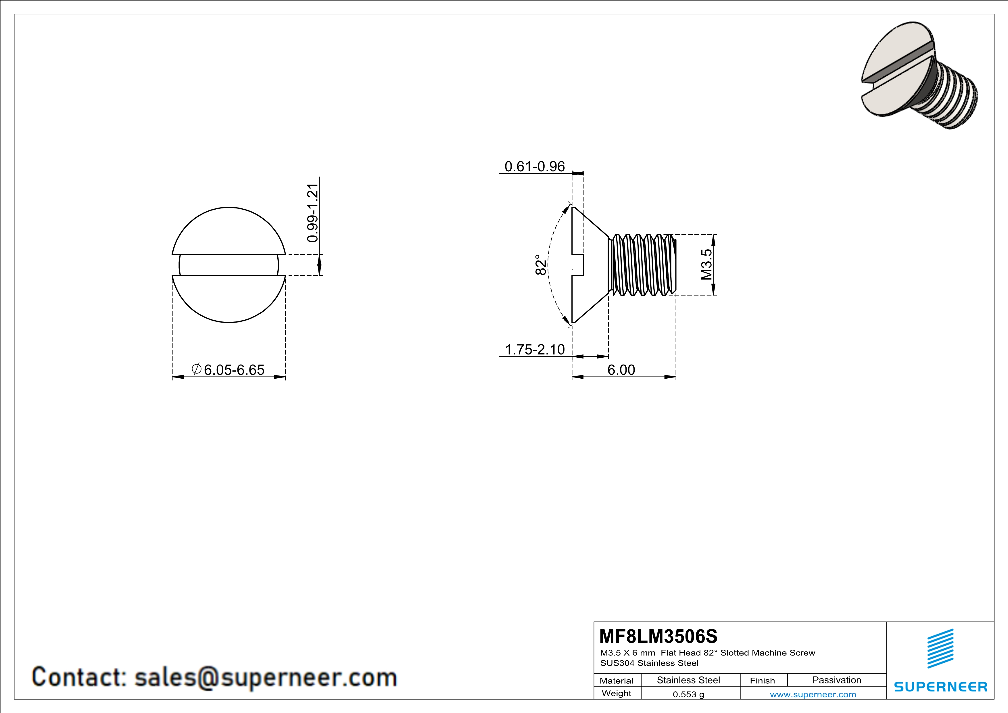 M3.5 x 6 mm  Flat Head 82° Slotted Machine Screw SUS304 Stainless Steel Inox