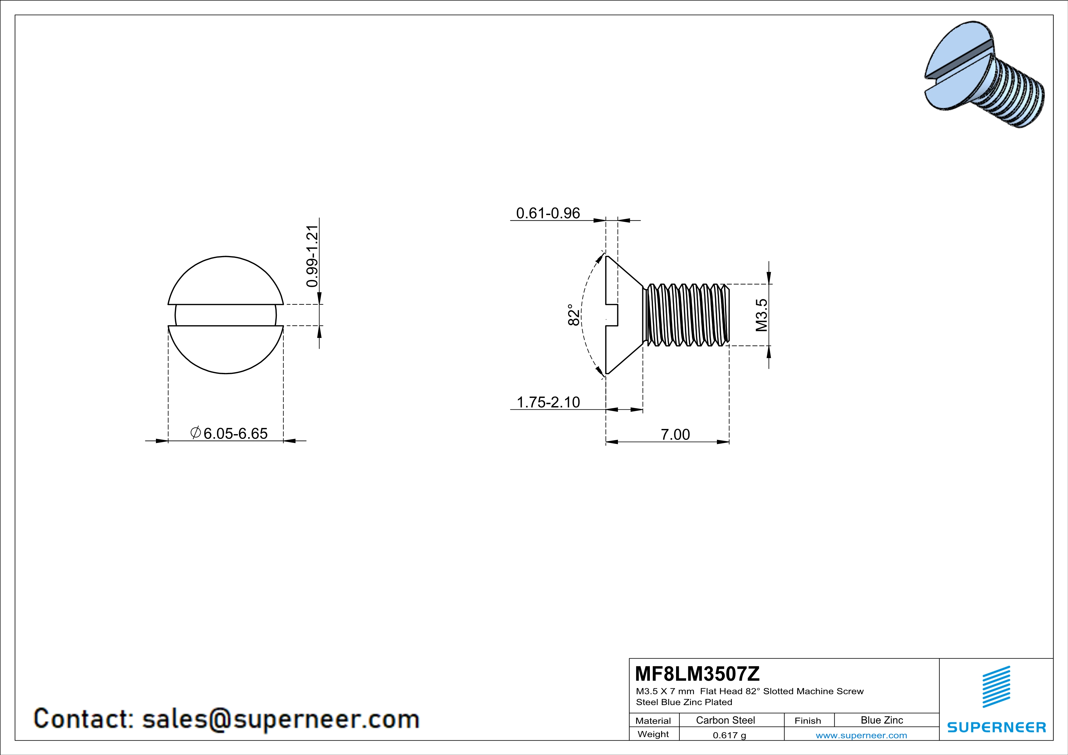 M3.5 x 7 mm Flat Head 82° Slotted Machine Screw Steel Blue Zinc Plated