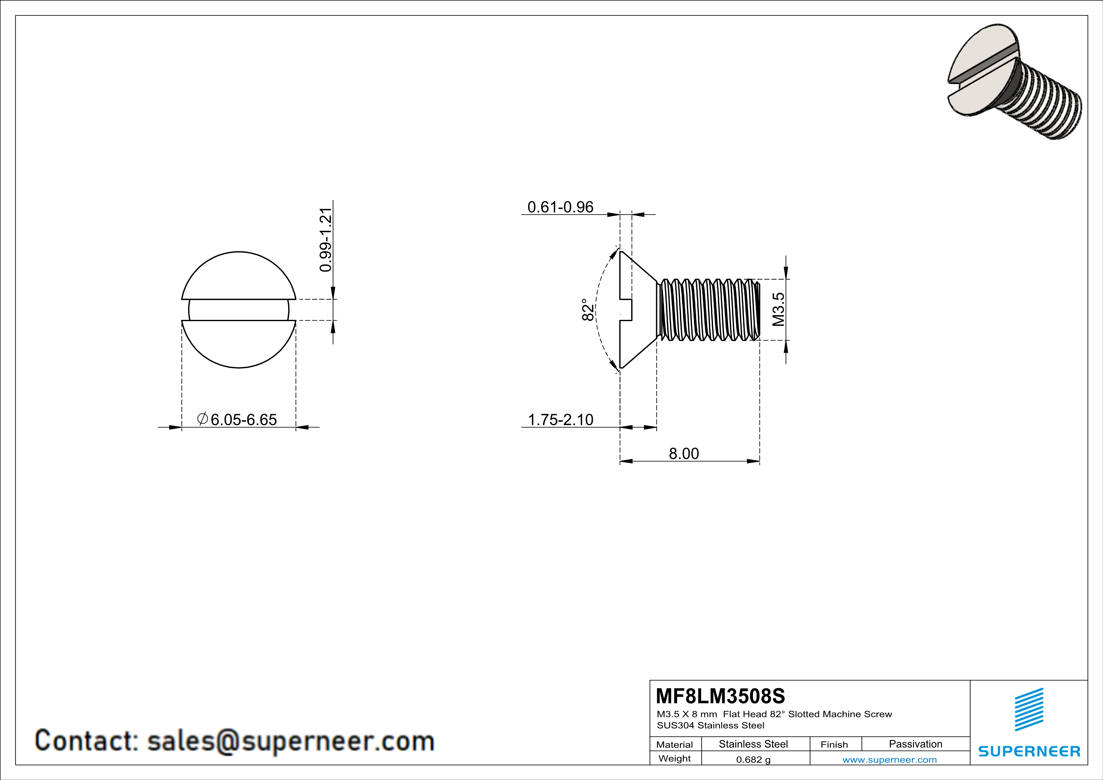 M3.5 x 8 mm  Flat Head 82° Slotted Machine Screw SUS304 Stainless Steel Inox