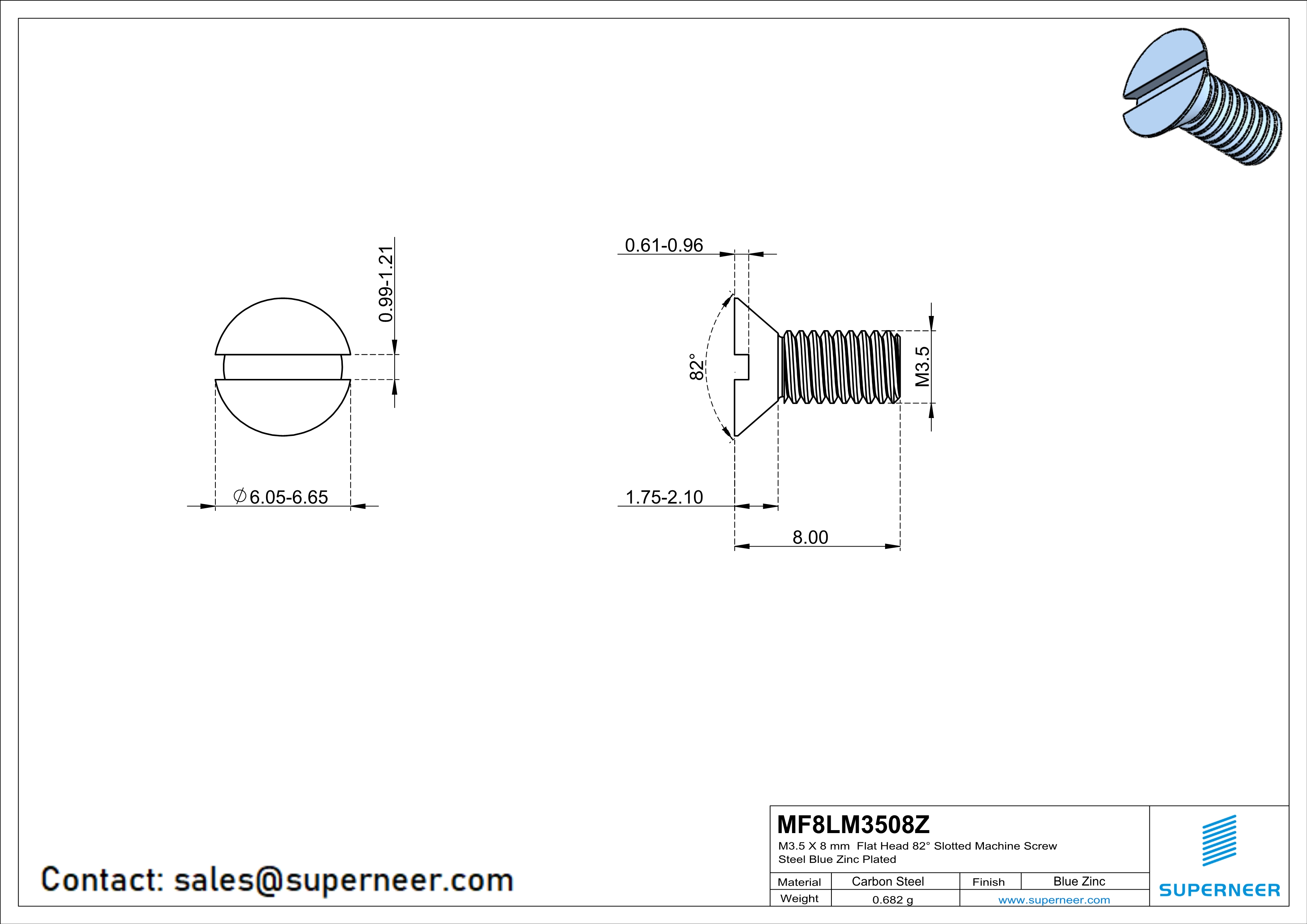 M3.5 x 8 mm Flat Head 82° Slotted Machine Screw Steel Blue Zinc Plated