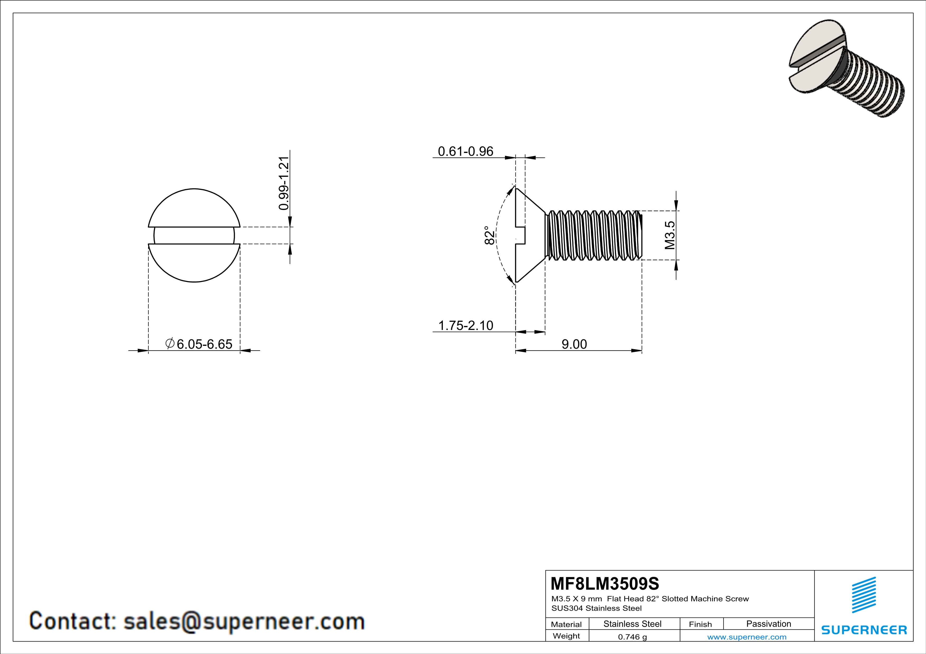 M3.5 x 9 mm  Flat Head 82° Slotted Machine Screw SUS304 Stainless Steel Inox