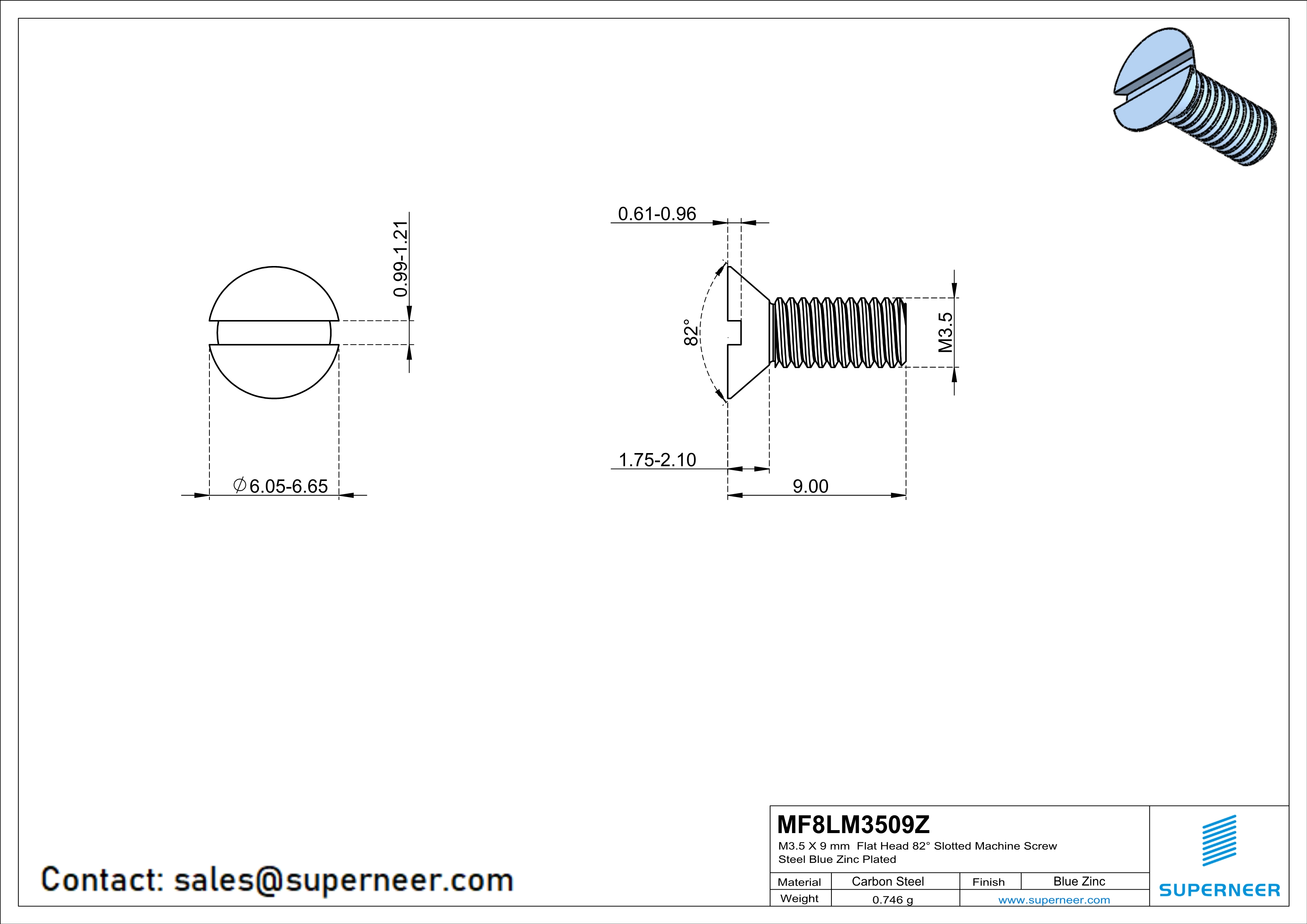 M3.5 x 9 mm Flat Head 82° Slotted Machine Screw Steel Blue Zinc Plated