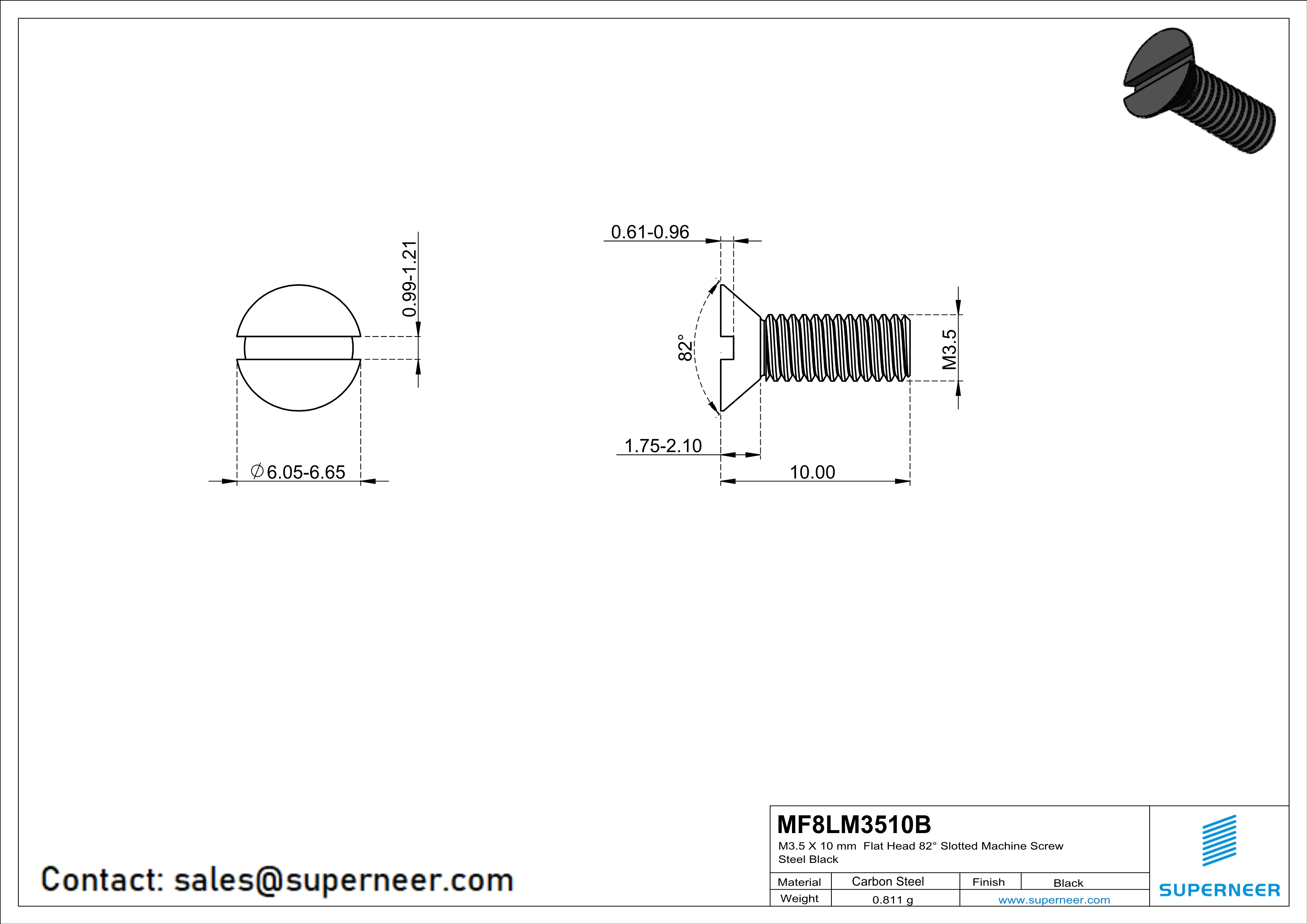 M3.5 x 10 mm Flat Head 82° Slotted Machine Screw Steel Black