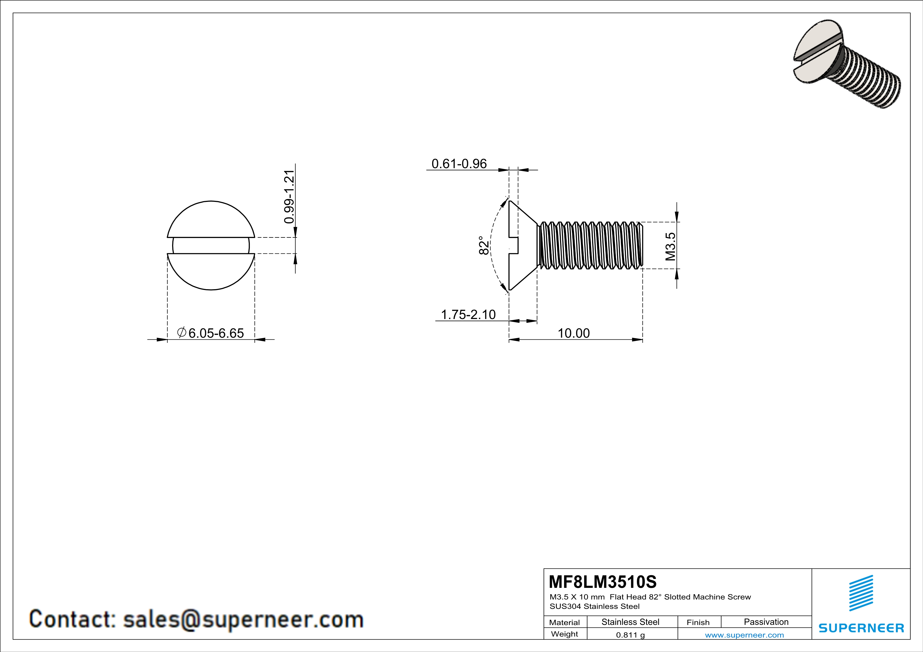 M3.5 x 10 mm  Flat Head 82° Slotted Machine Screw SUS304 Stainless Steel Inox