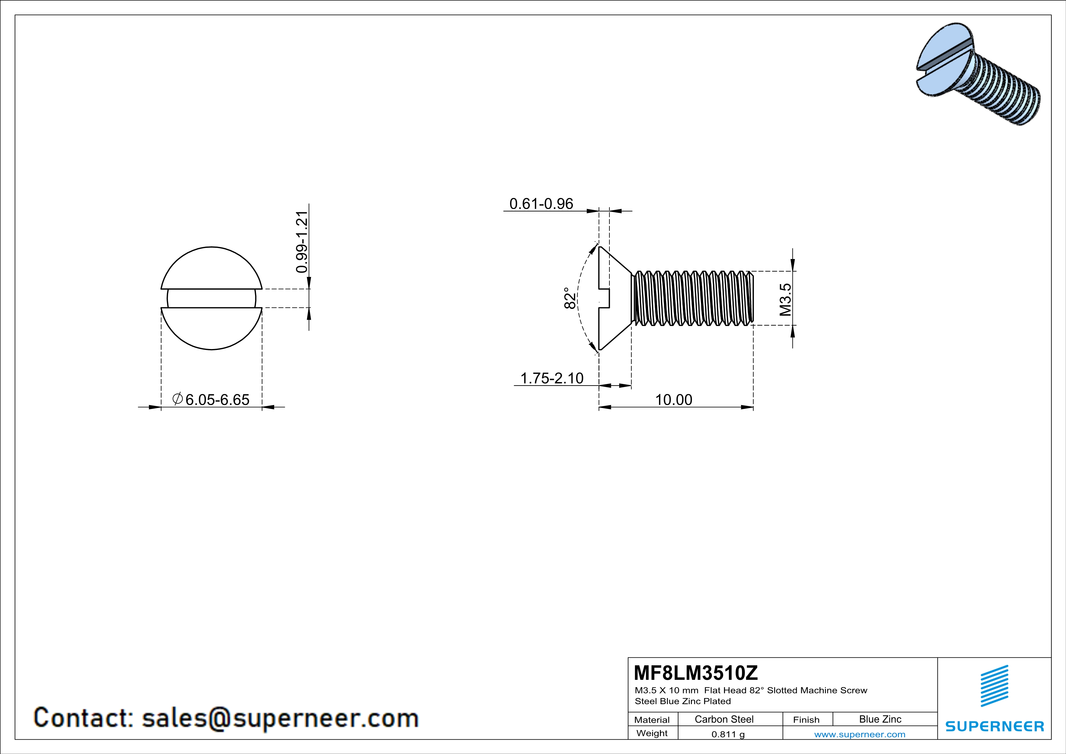 M3.5 x 10 mm Flat Head 82° Slotted Machine Screw Steel Blue Zinc Plated
