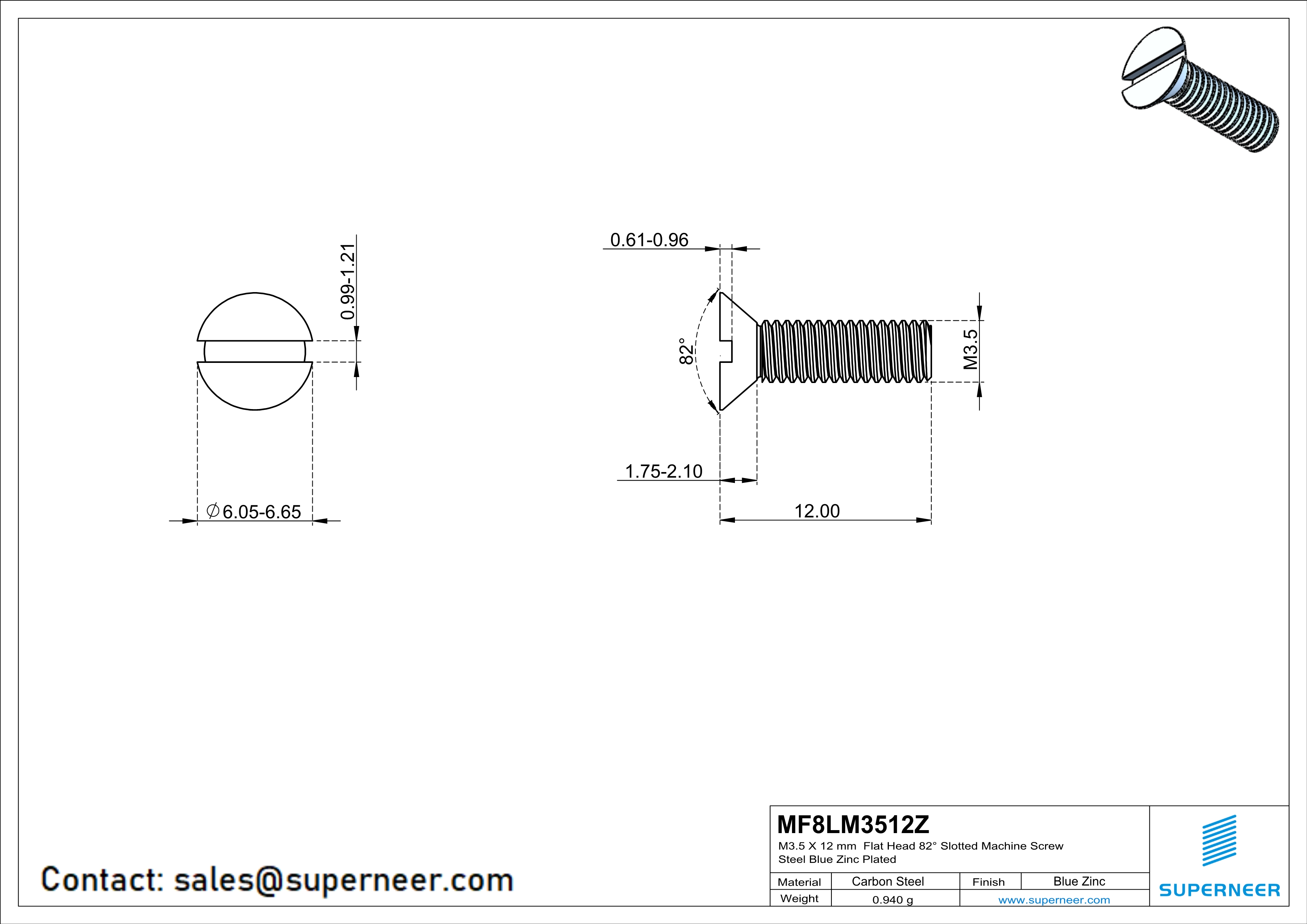 M3.5 x 12 mm Flat Head 82° Slotted Machine Screw Steel Blue Zinc Plated