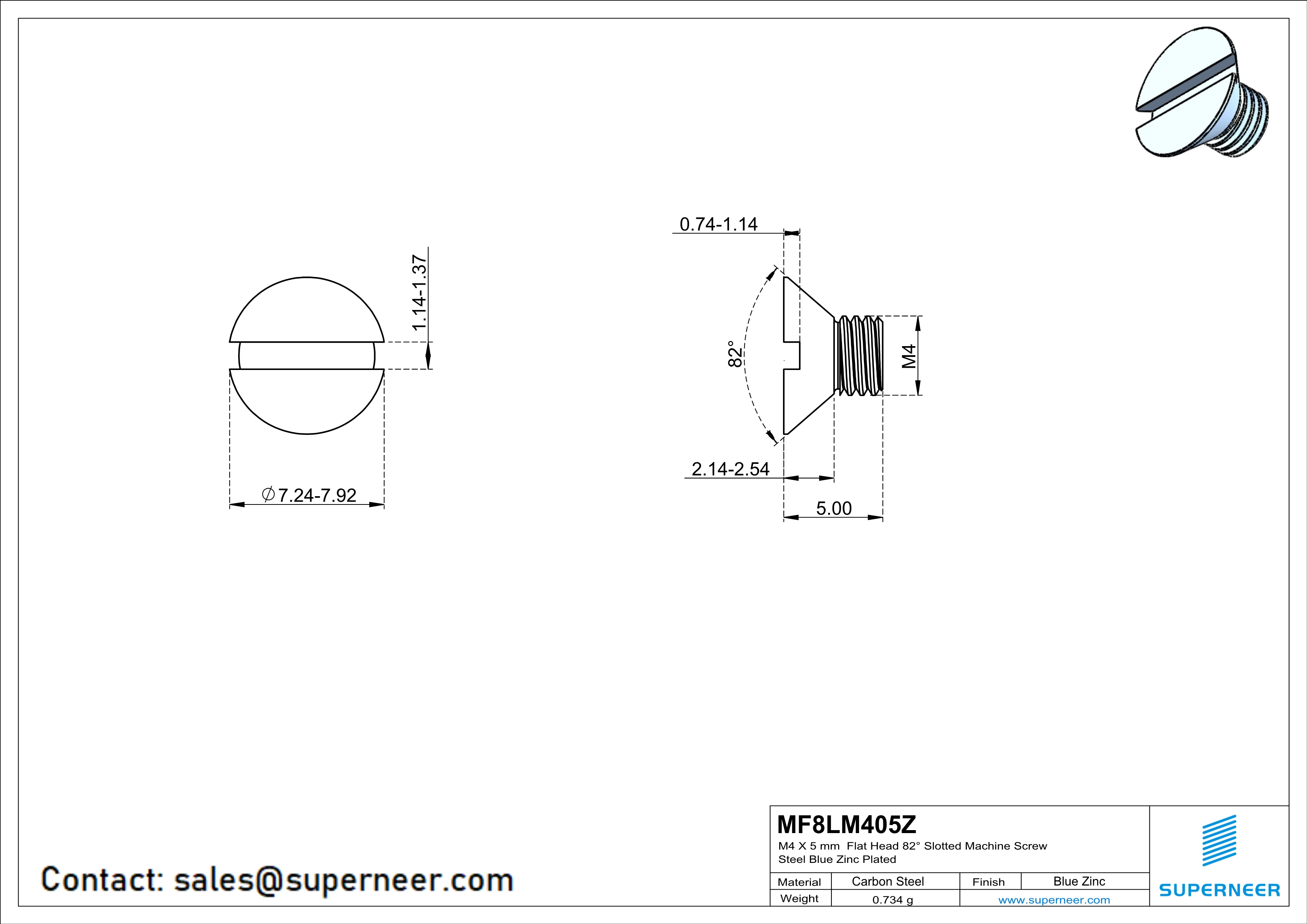 M4 x 5 mm Flat Head 82° Slotted Machine Screw Steel Blue Zinc Plated