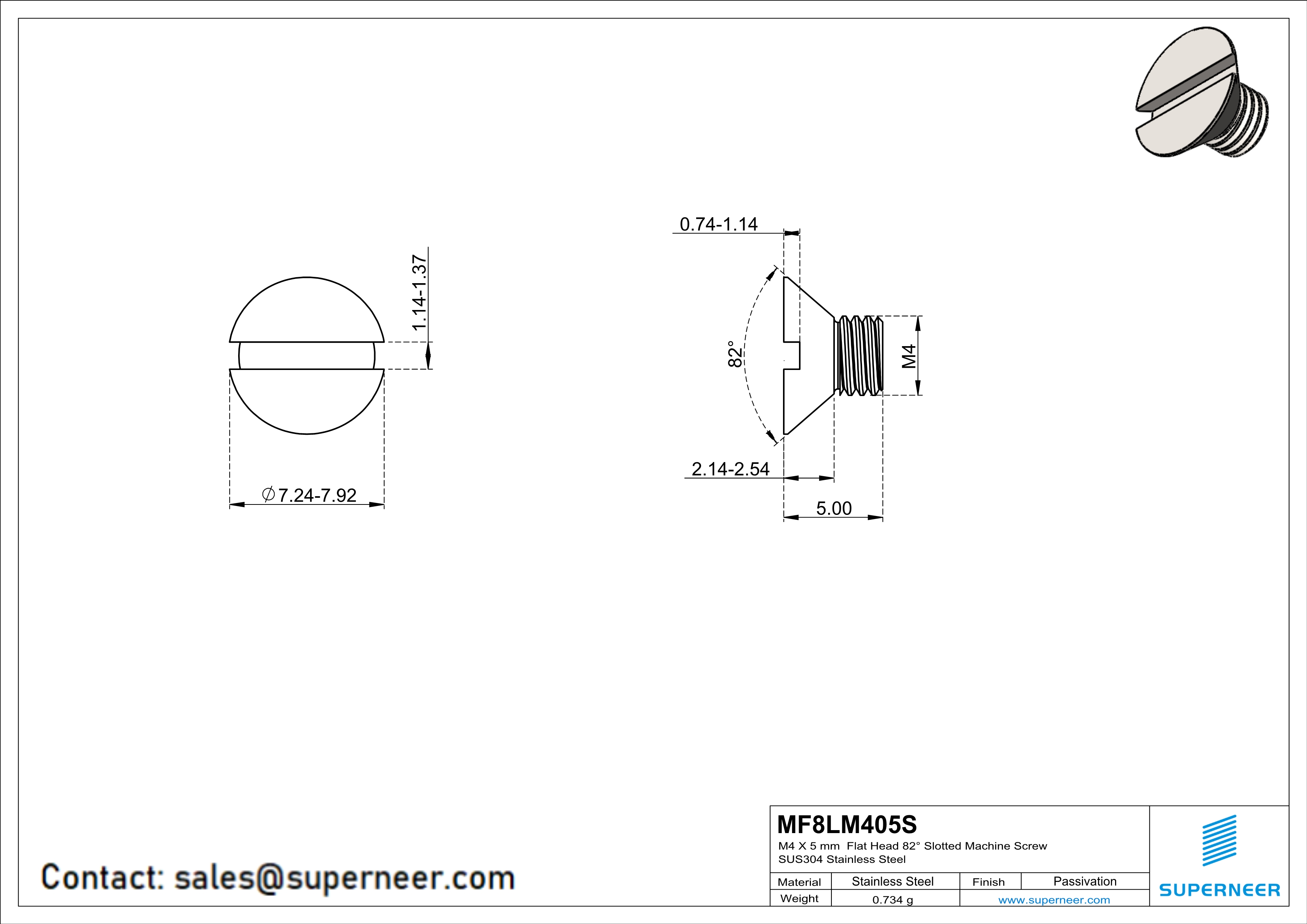 M4 x 5 mm  Flat Head 82° Slotted Machine Screw SUS304 Stainless Steel Inox