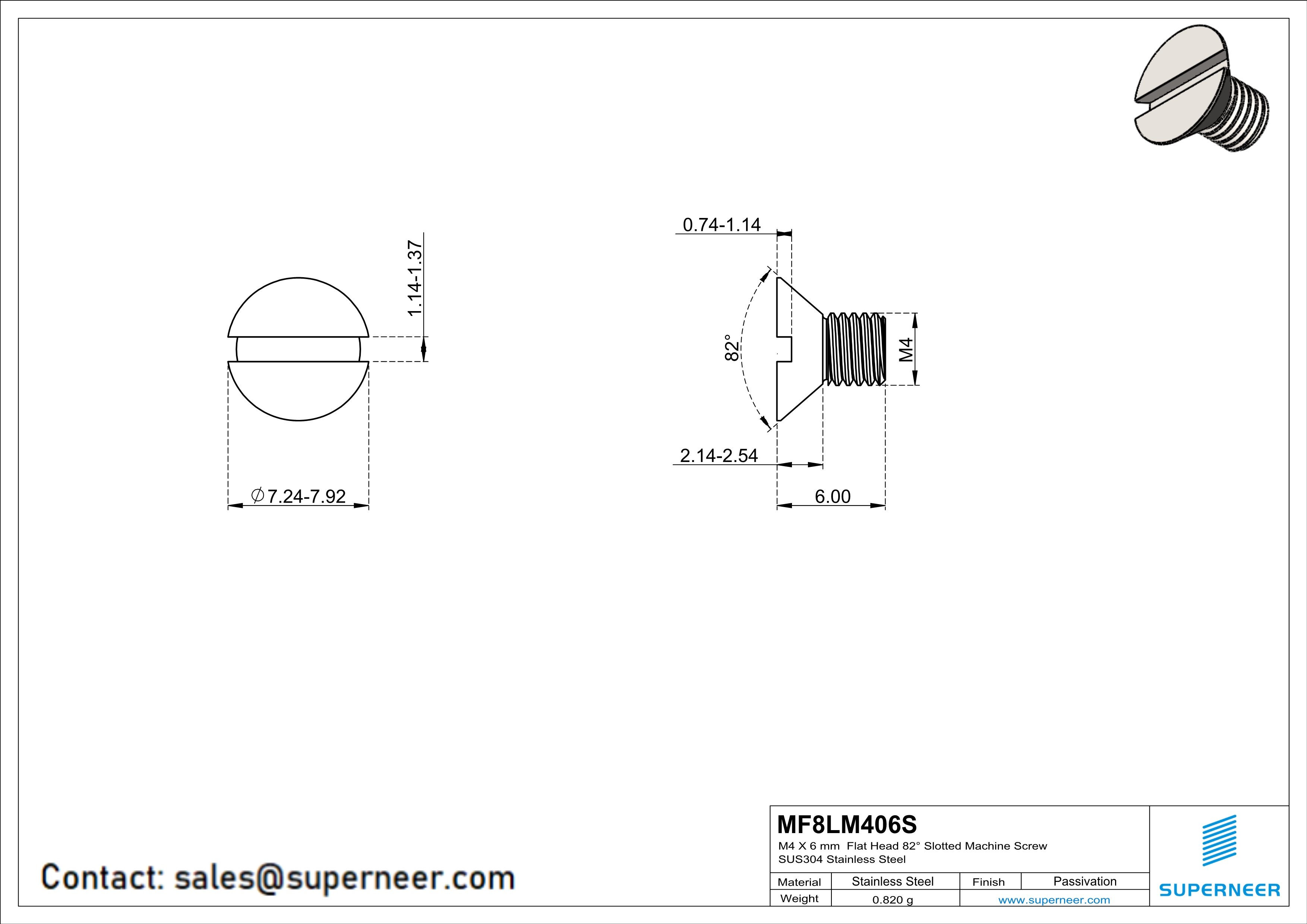 M4 x 6 mm  Flat Head 82° Slotted Machine Screw SUS304 Stainless Steel Inox