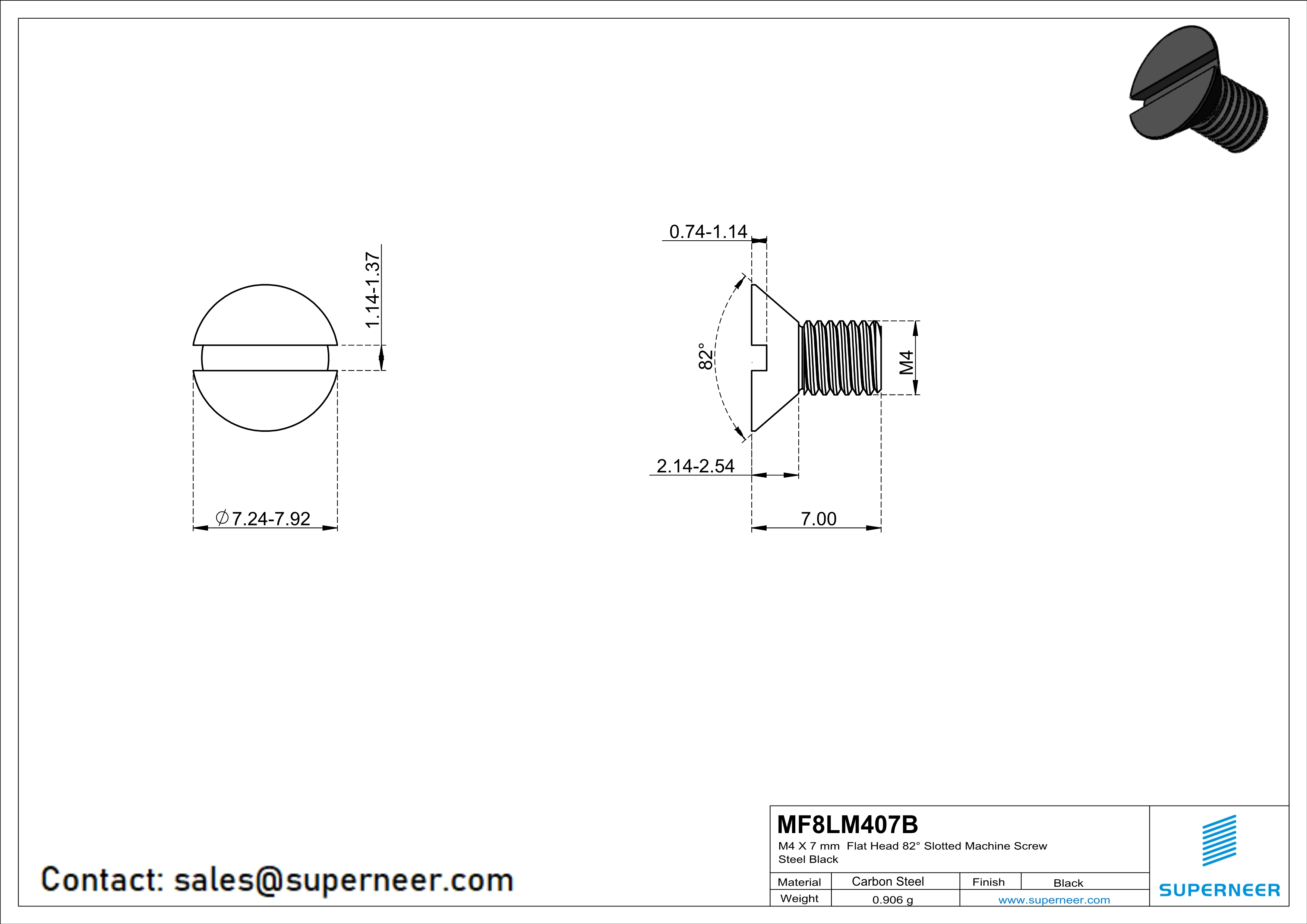 M4 x 7 mm Flat Head 82° Slotted Machine Screw Steel Black