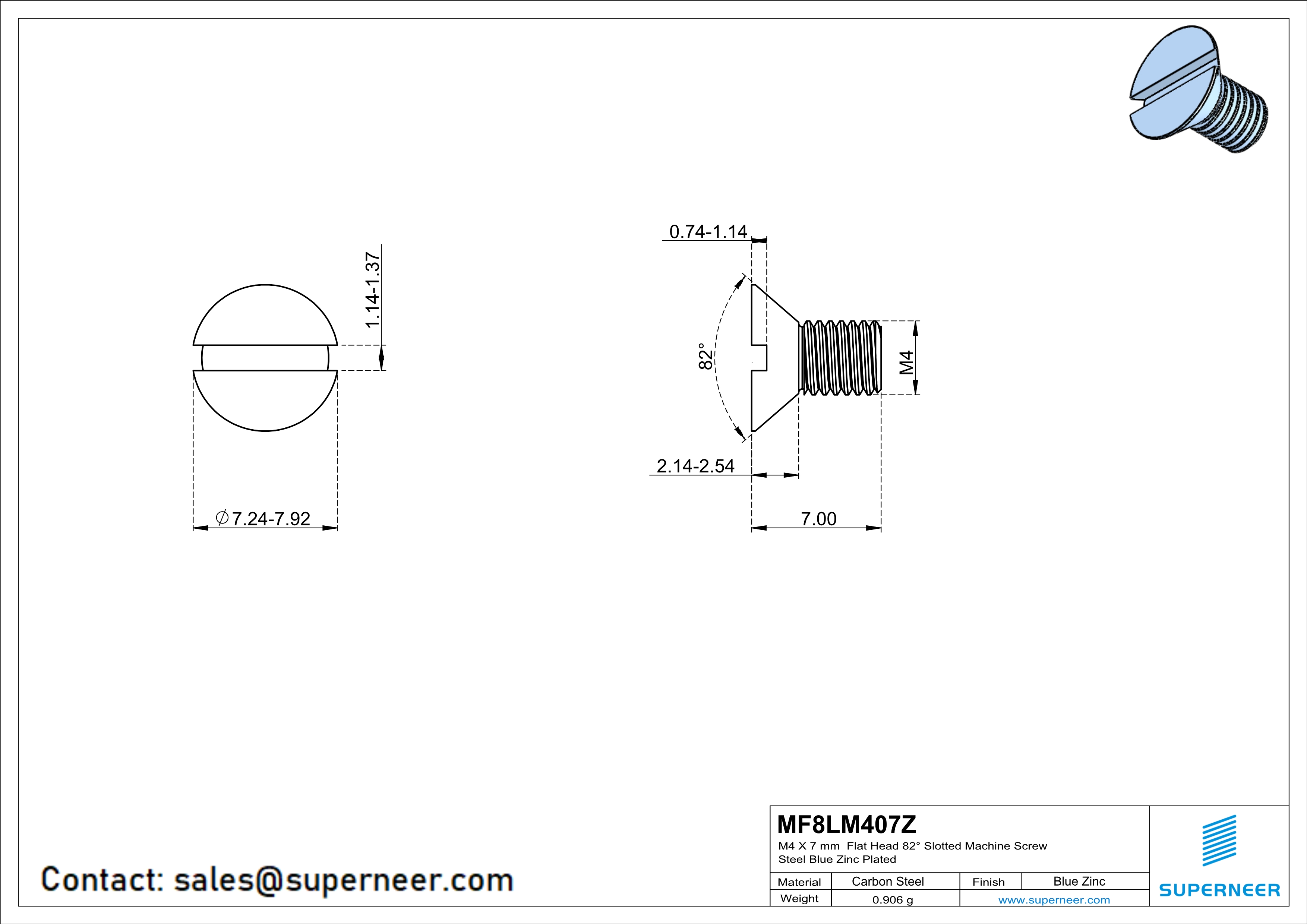 M4 x 7 mm Flat Head 82° Slotted Machine Screw Steel Blue Zinc Plated