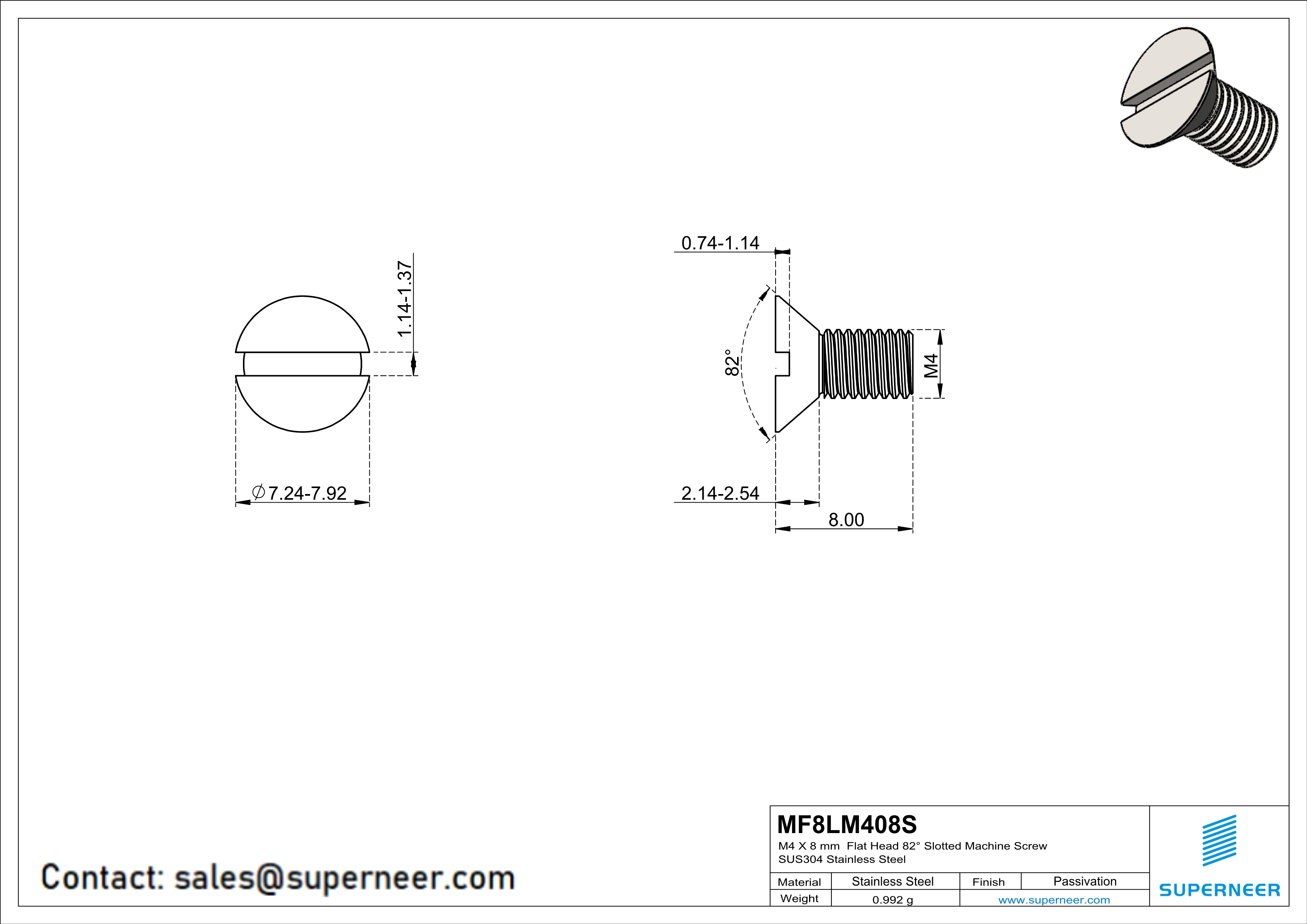 M4 x 8 mm  Flat Head 82° Slotted Machine Screw SUS304 Stainless Steel Inox