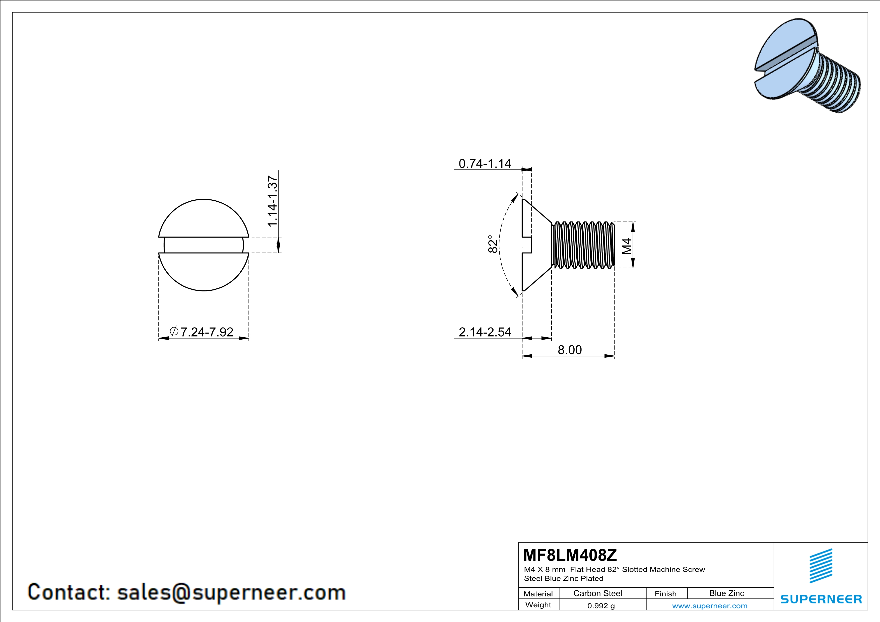 M4 x 8 mm Flat Head 82° Slotted Machine Screw Steel Blue Zinc Plated