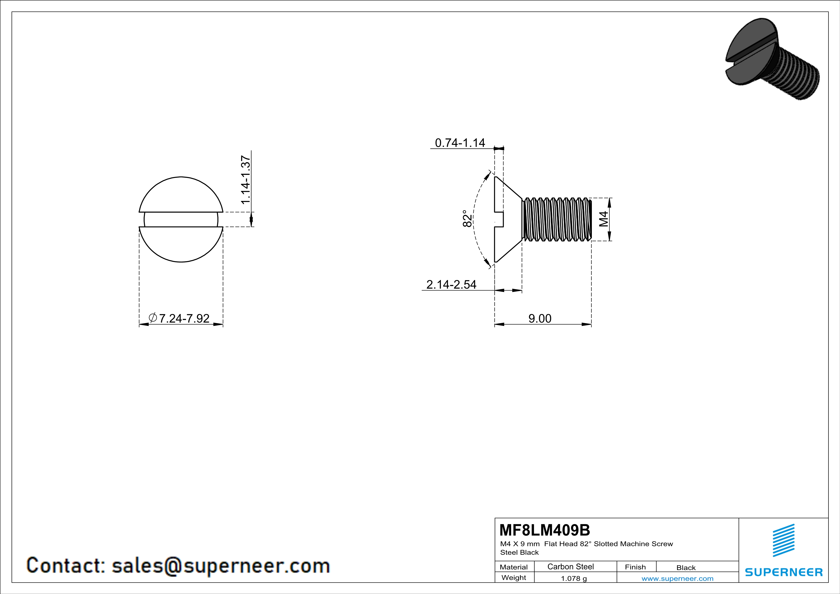 M4 x 9 mm Flat Head 82° Slotted Machine Screw Steel Black