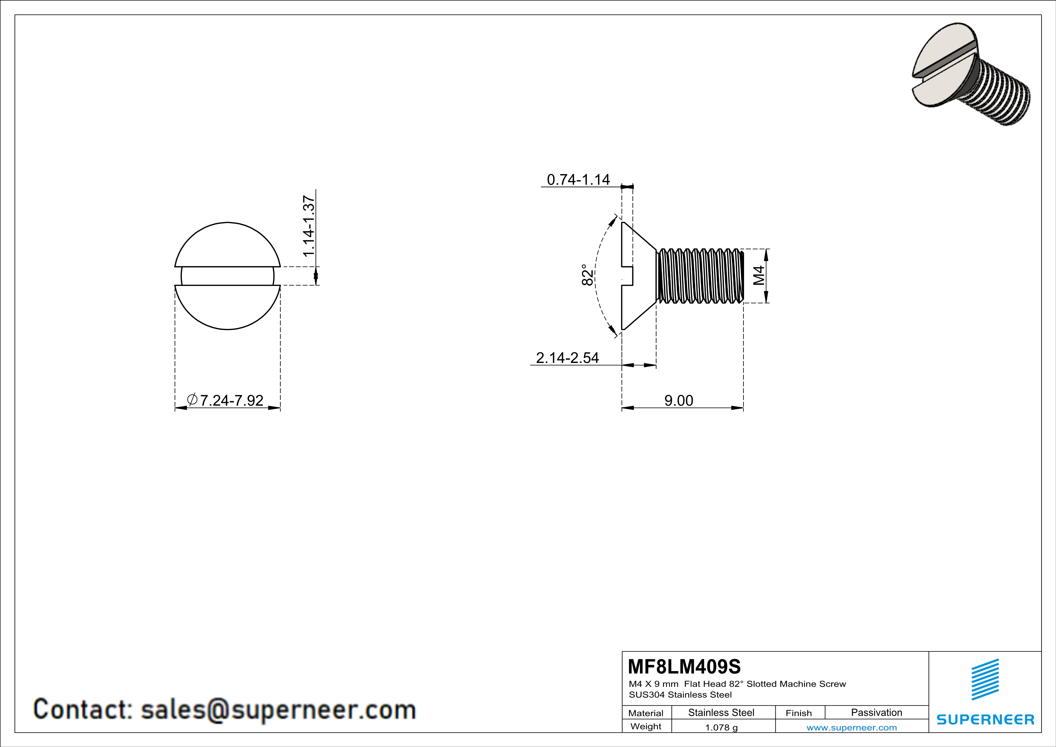 M4 x 9 mm  Flat Head 82° Slotted Machine Screw SUS304 Stainless Steel Inox