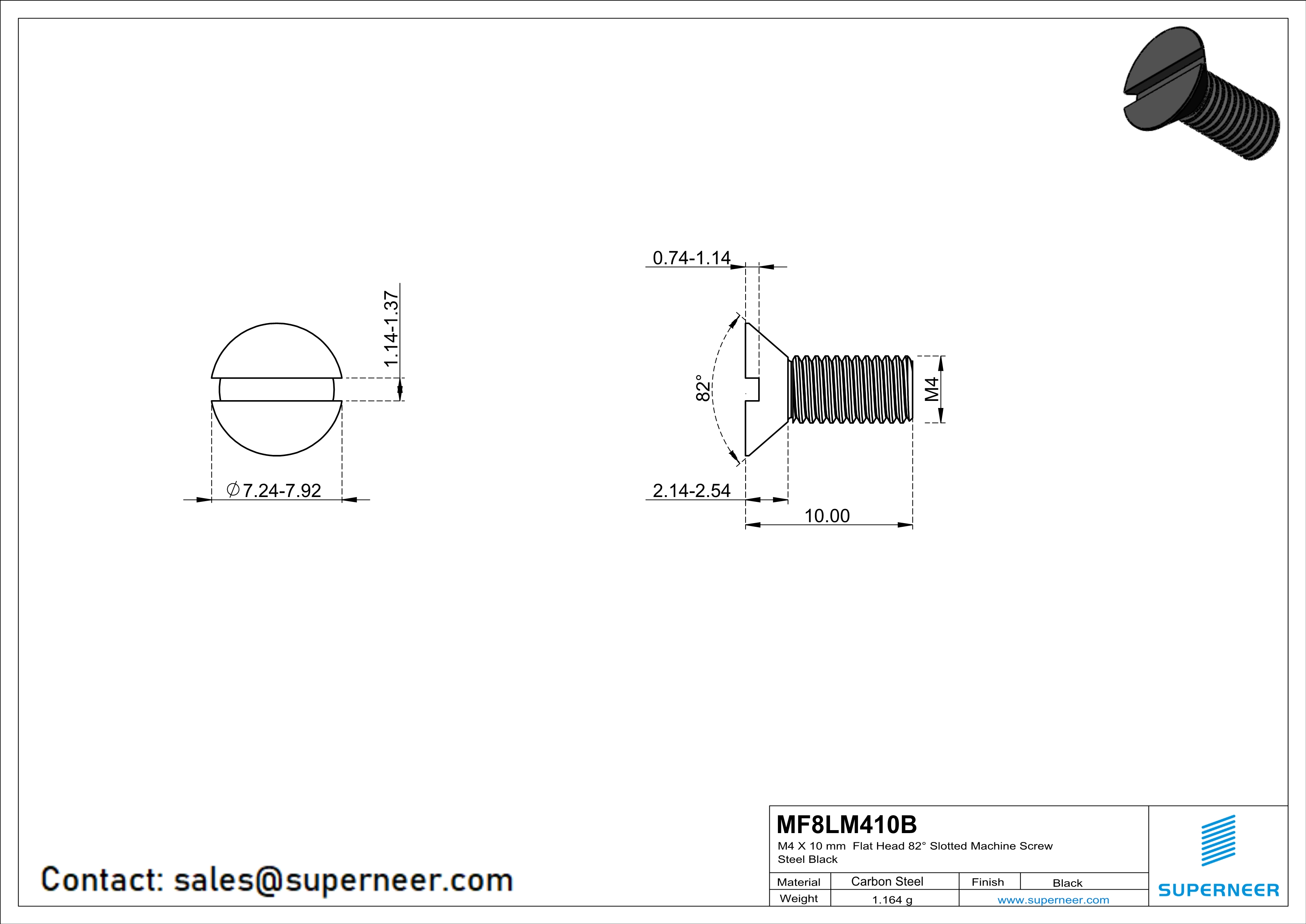 M4 x 10 mm Flat Head 82° Slotted Machine Screw Steel Black