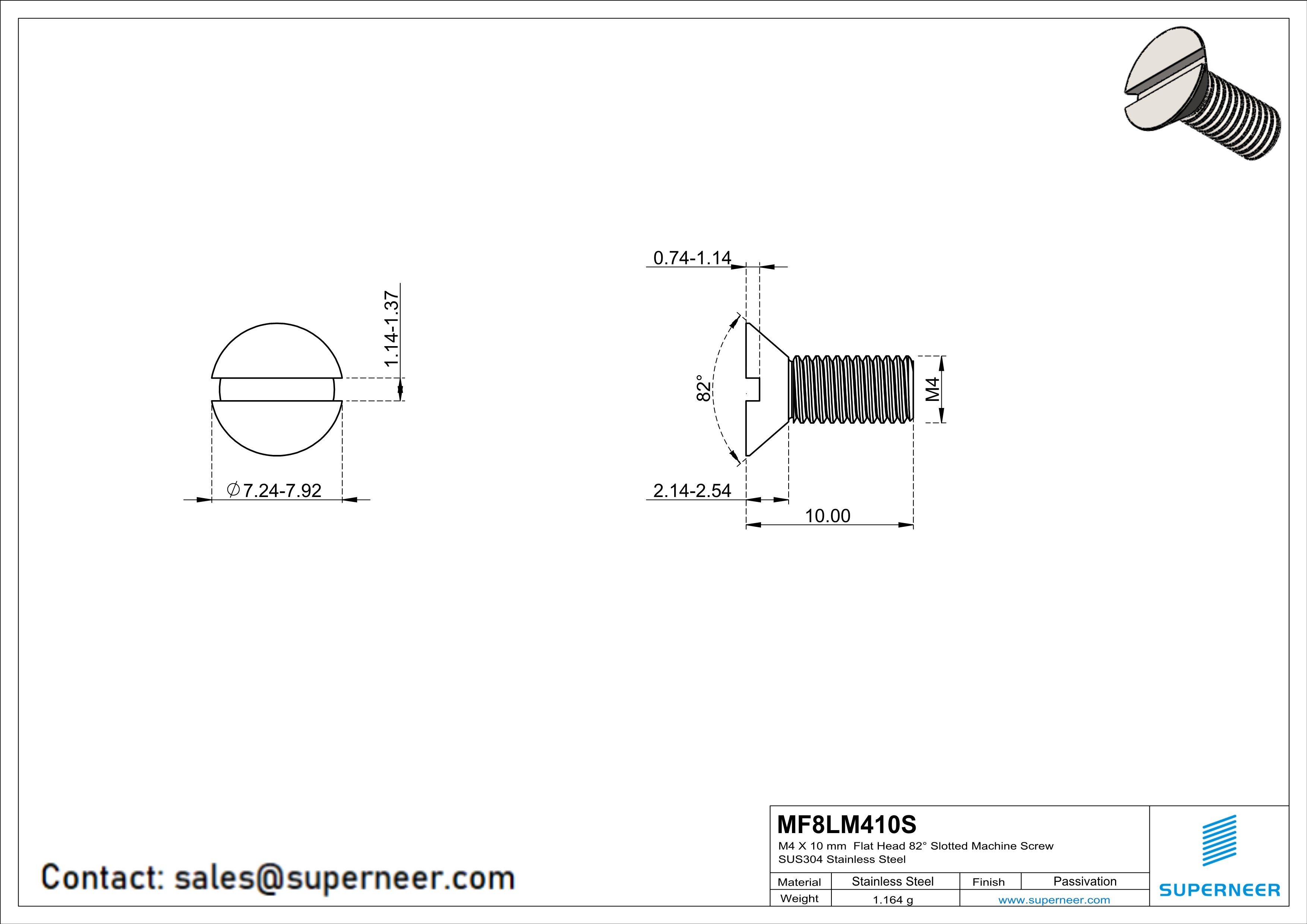 M4 x 10 mm  Flat Head 82° Slotted Machine Screw SUS304 Stainless Steel Inox