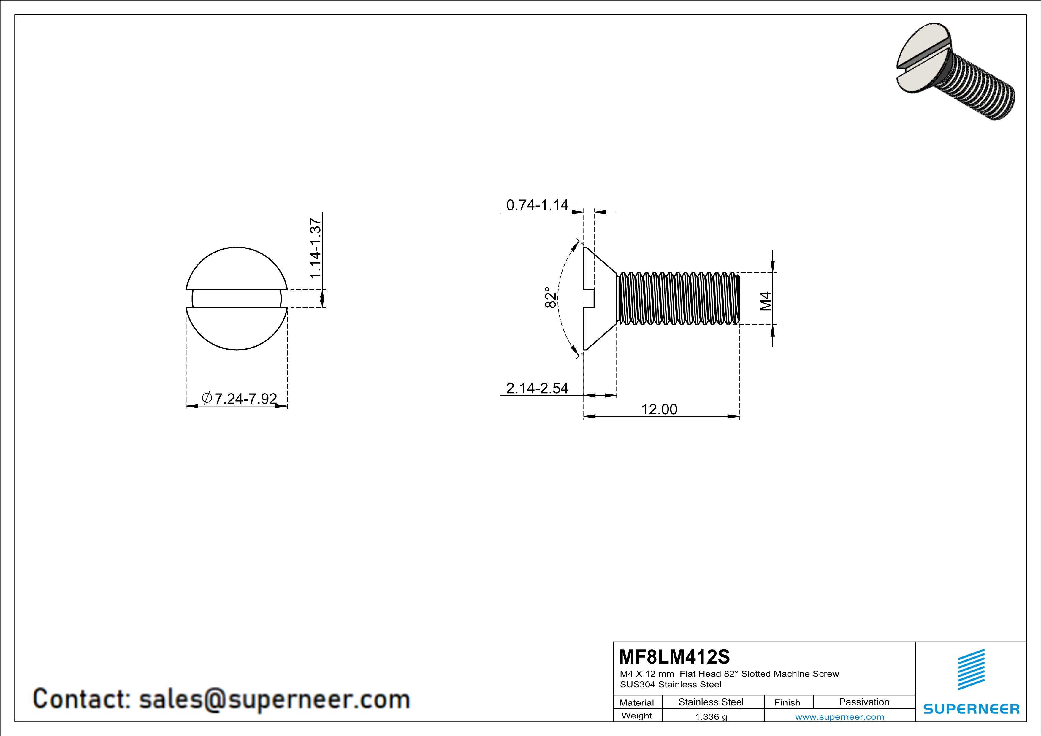 M4 x 12 mm  Flat Head 82° Slotted Machine Screw SUS304 Stainless Steel Inox