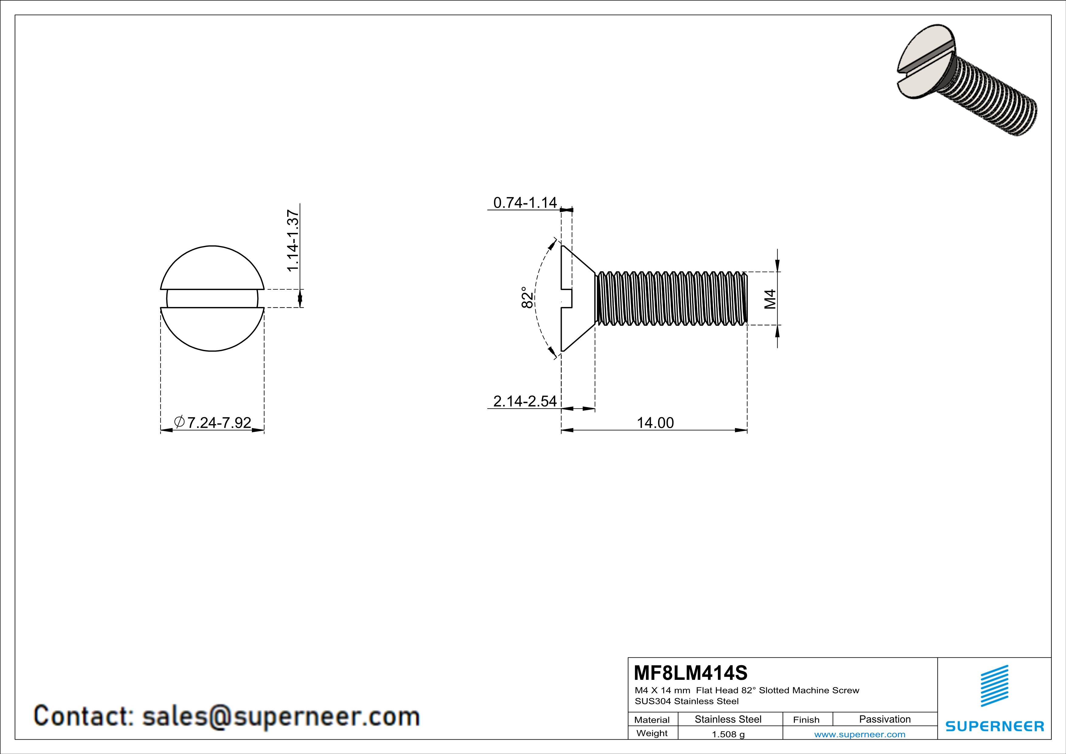 M4 x 14 mm  Flat Head 82° Slotted Machine Screw SUS304 Stainless Steel Inox