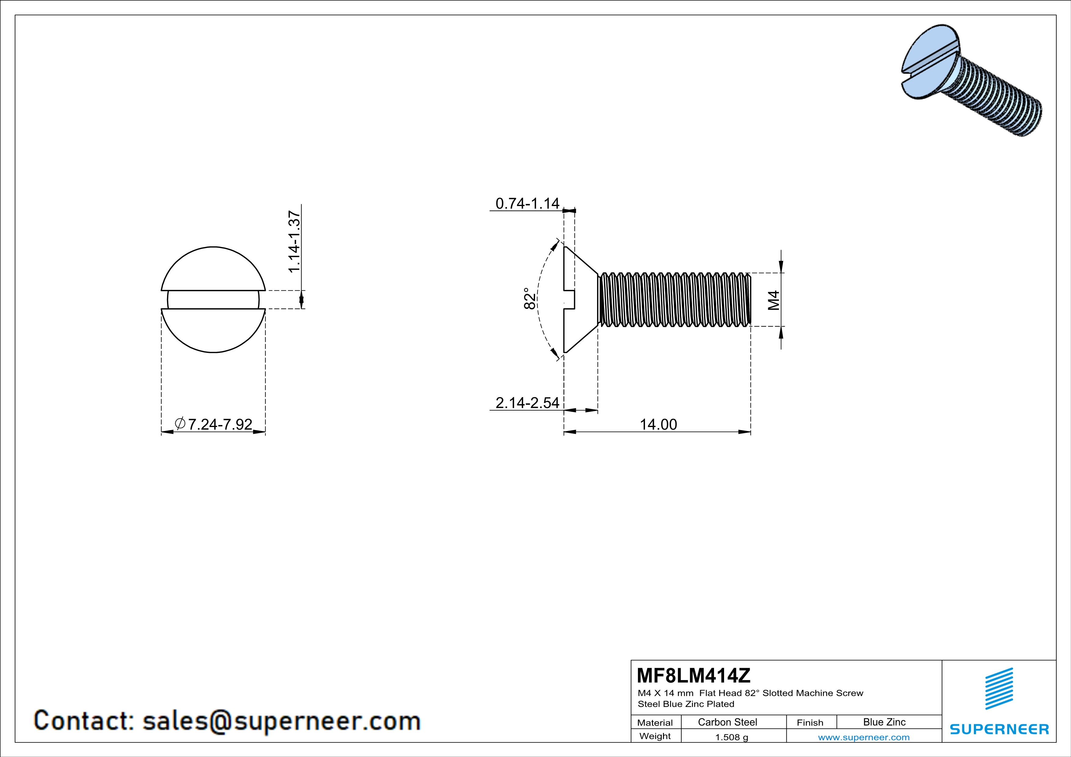 M4 x 14 mm Flat Head 82° Slotted Machine Screw Steel Blue Zinc Plated