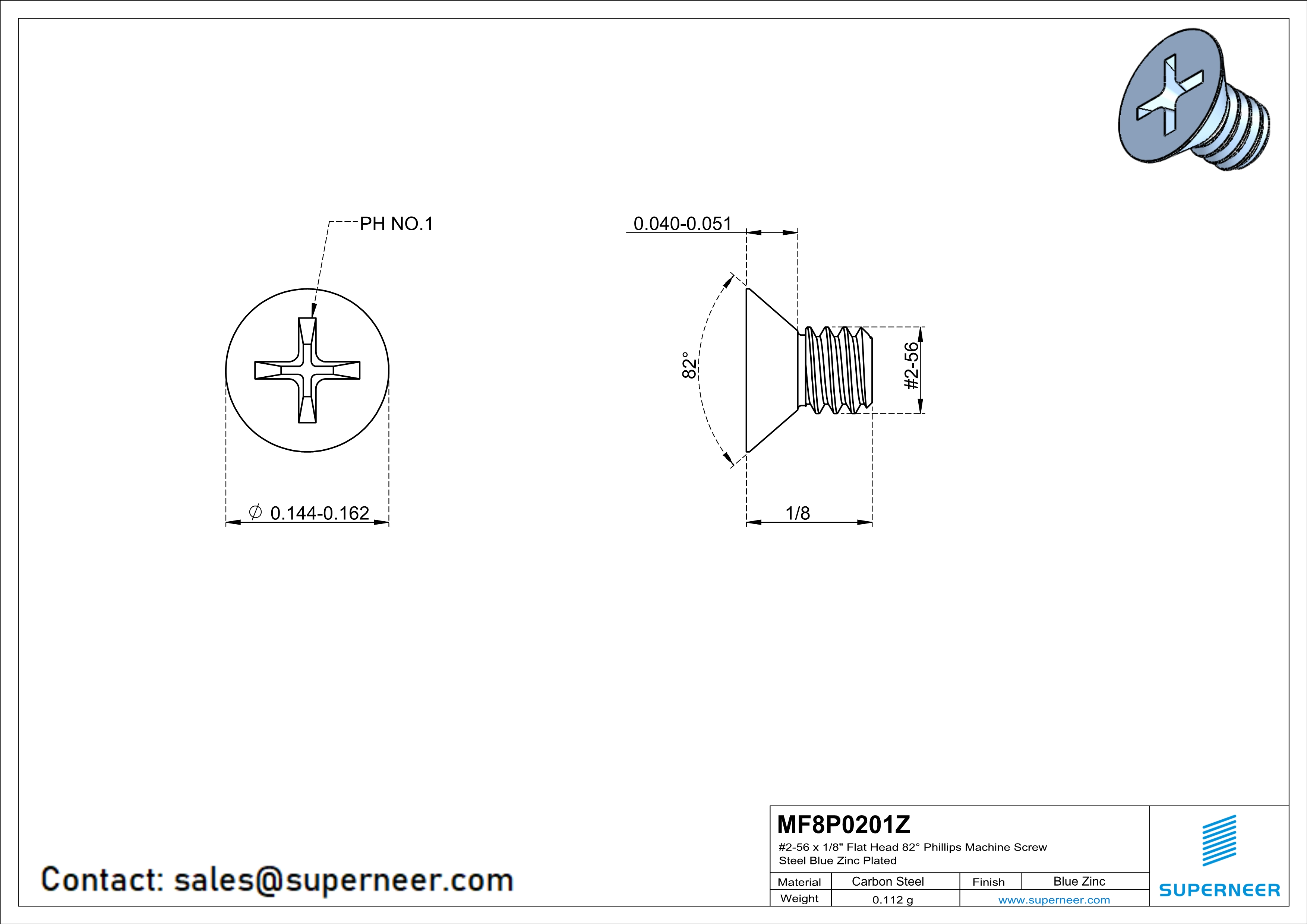 2-56 x 1/8" Flat Head 82° Phillips Machine Screw Steel Blue Zinc Plated