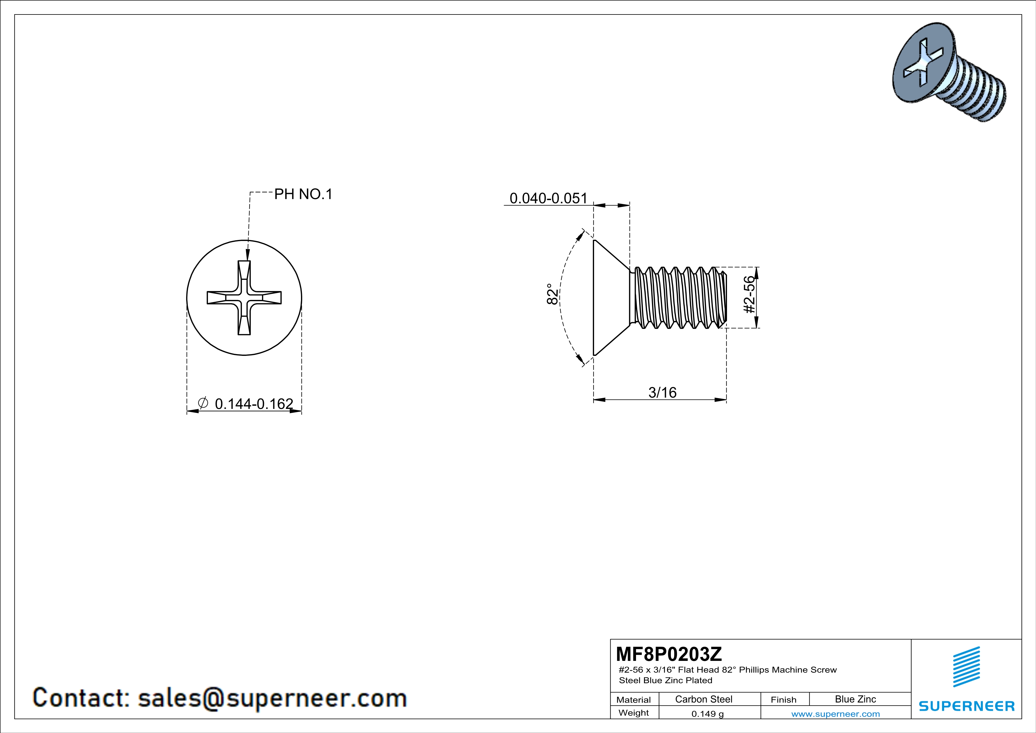 2-56 x 3/16" Flat Head 82° Phillips Machine Screw Steel Blue Zinc Plated