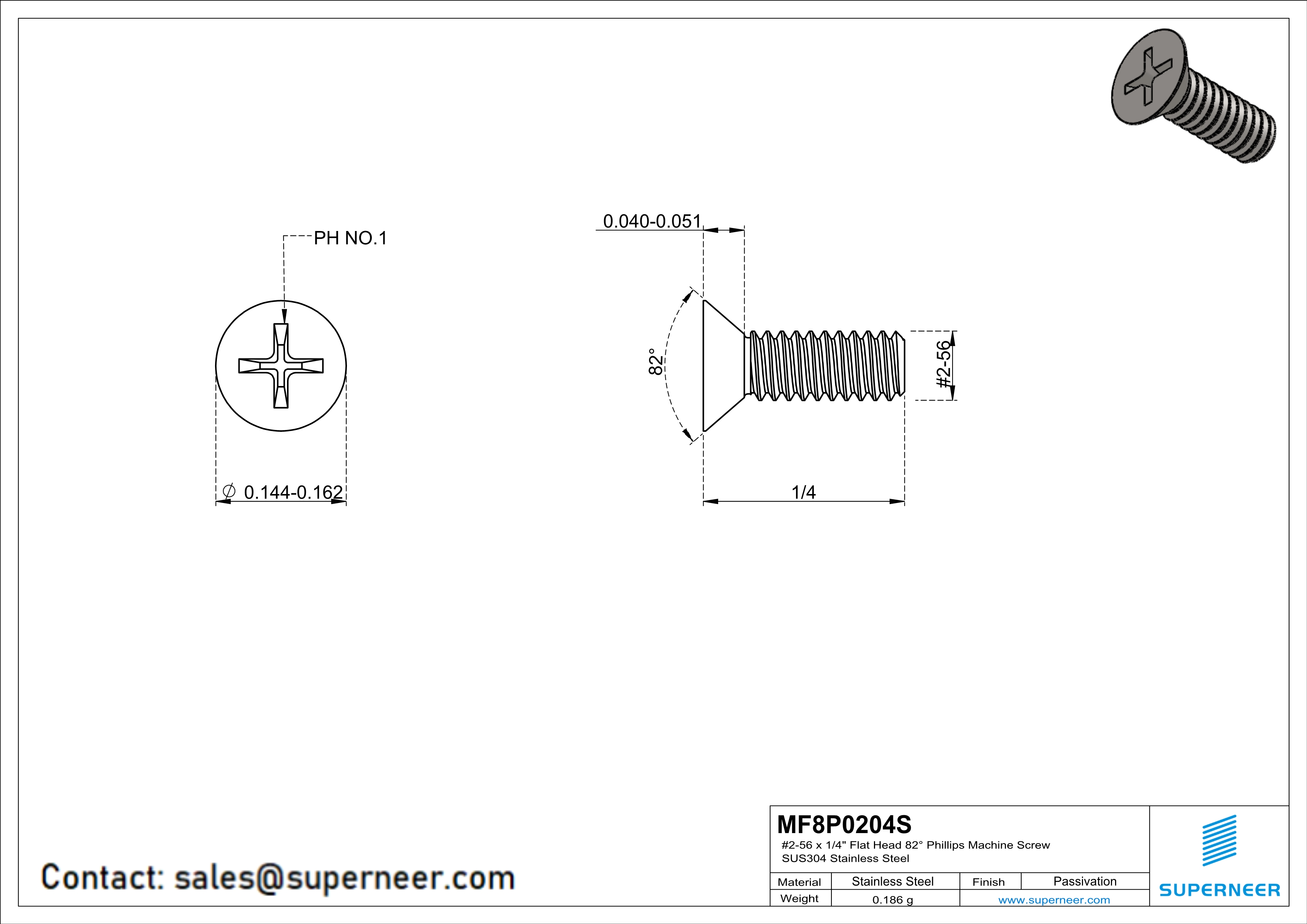 2-56 x 1/4" Flat Head 82° Phillips Machine Screw SUS304 Stainless Steel Inox