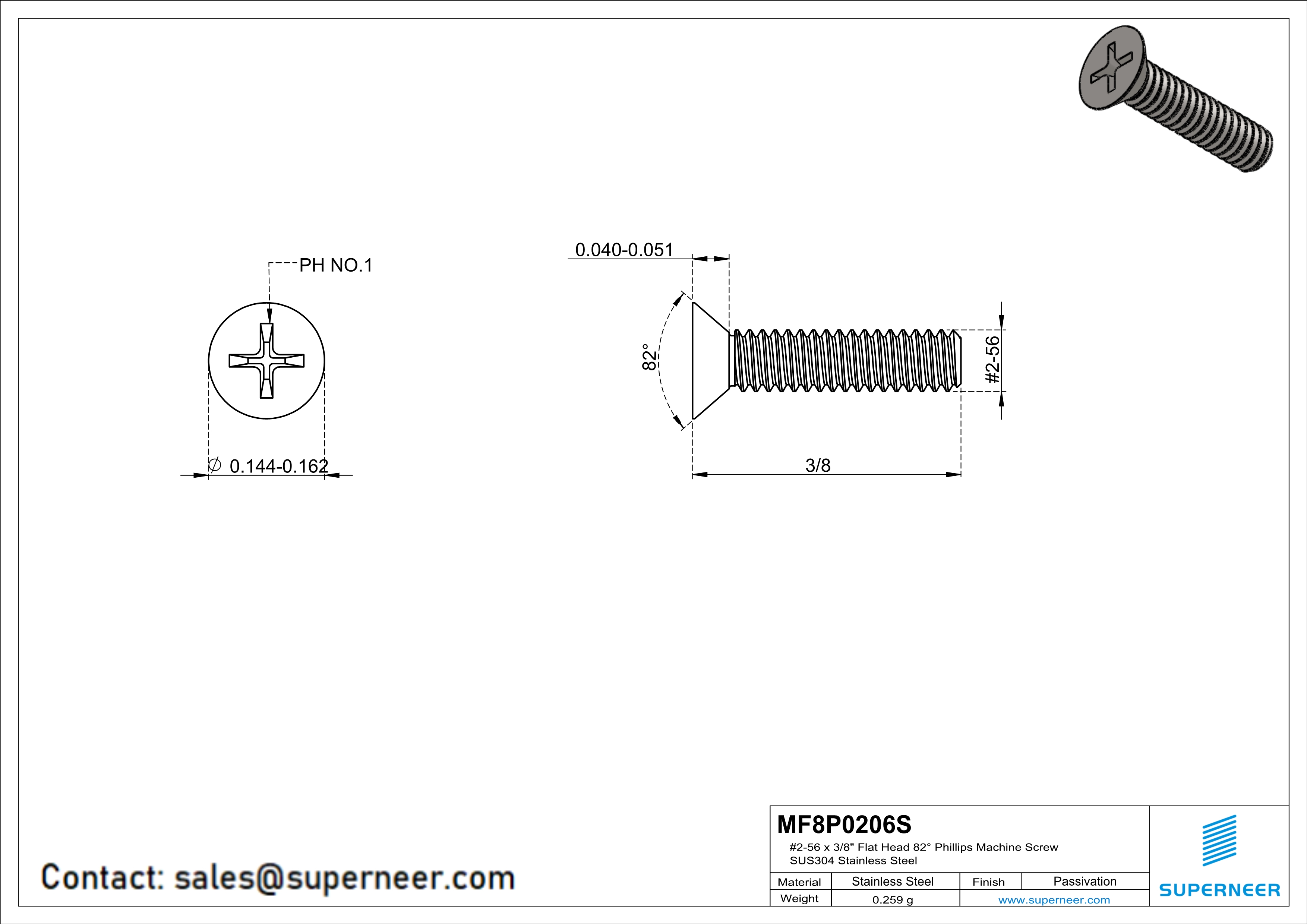 2-56 x 3/8" Flat Head 82° Phillips Machine Screw SUS304 Stainless Steel Inox