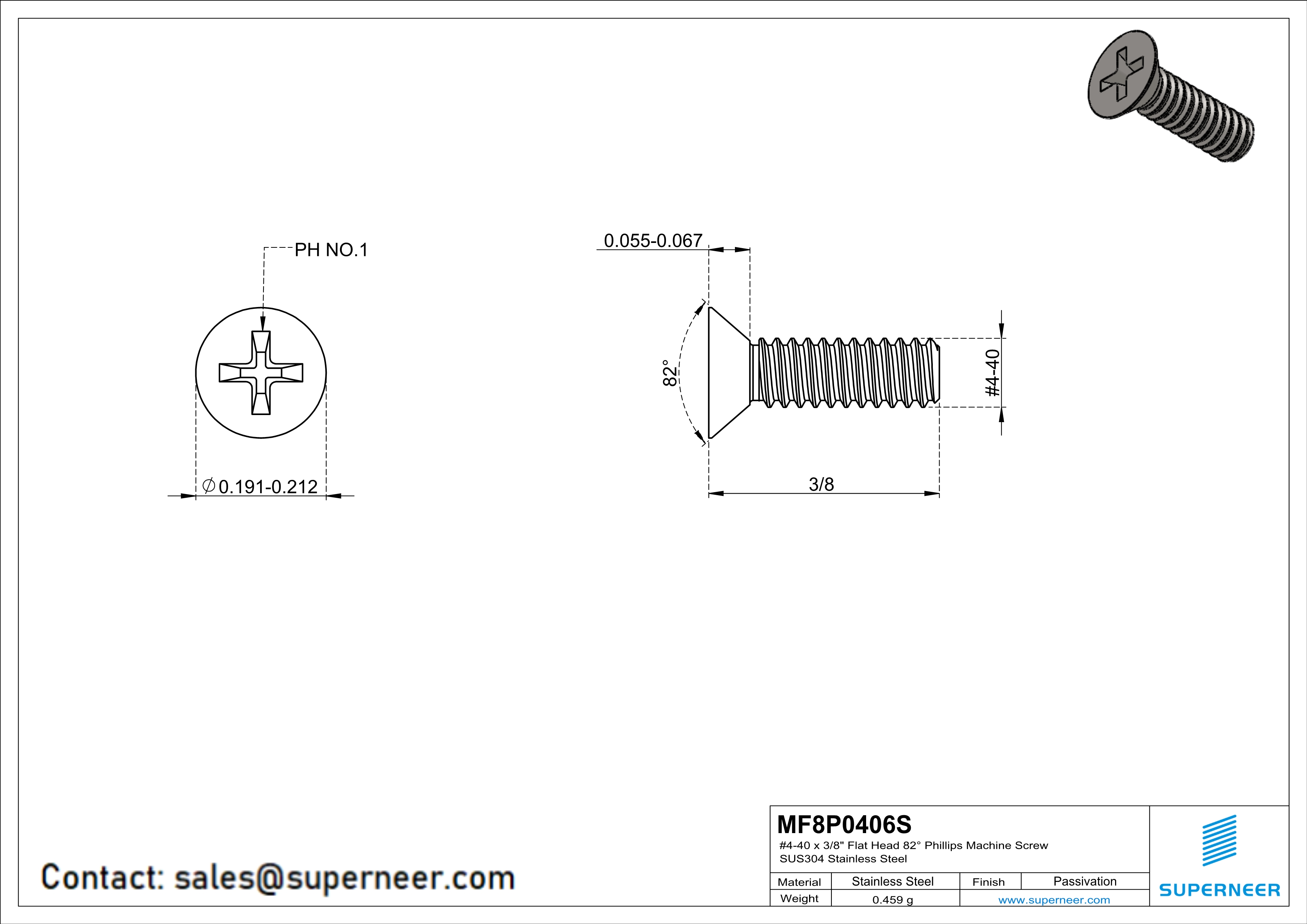 4-40 x 3/8" Flat Head 82° Phillips Machine Screw SUS304 Stainless Steel Inox