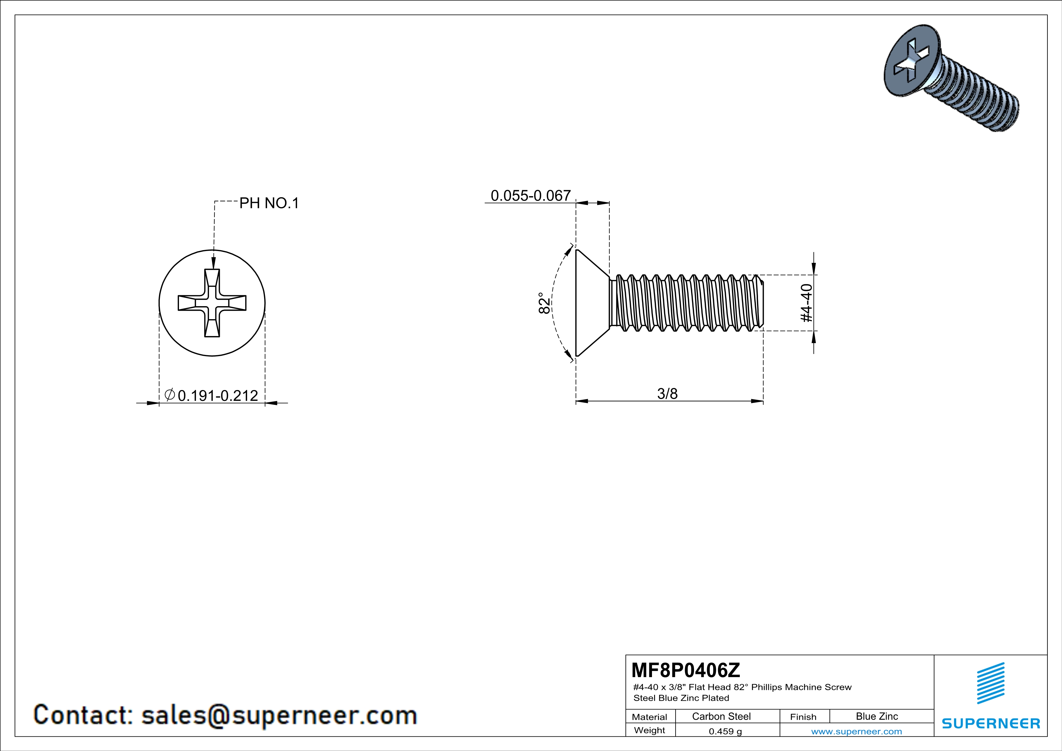 4-40 x 3/8" Flat Head 82° Phillips Machine Screw Steel Blue Zinc Plated