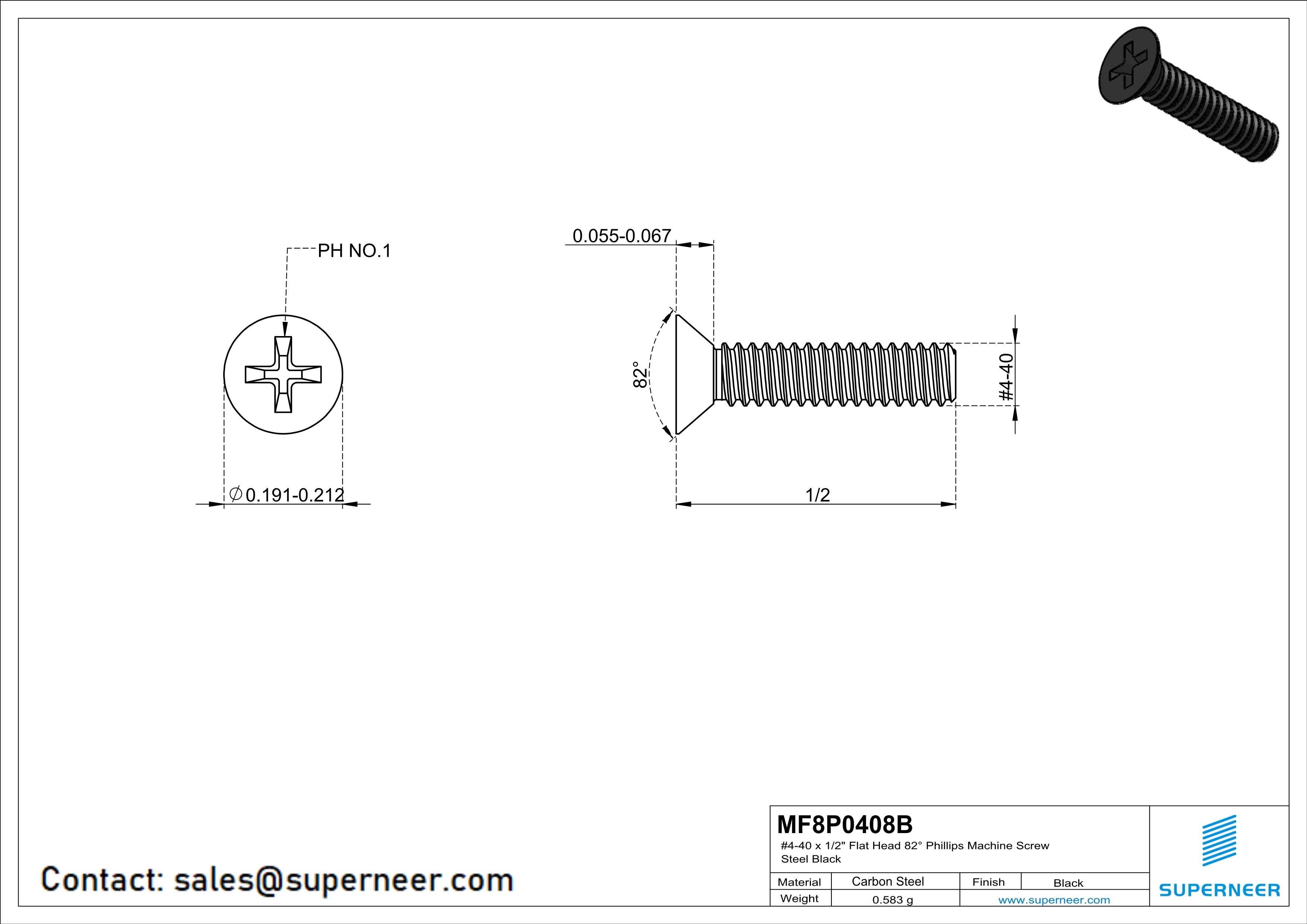 4-40 x 1/2" Flat Head 82° Phillips Machine Screw Steel Black