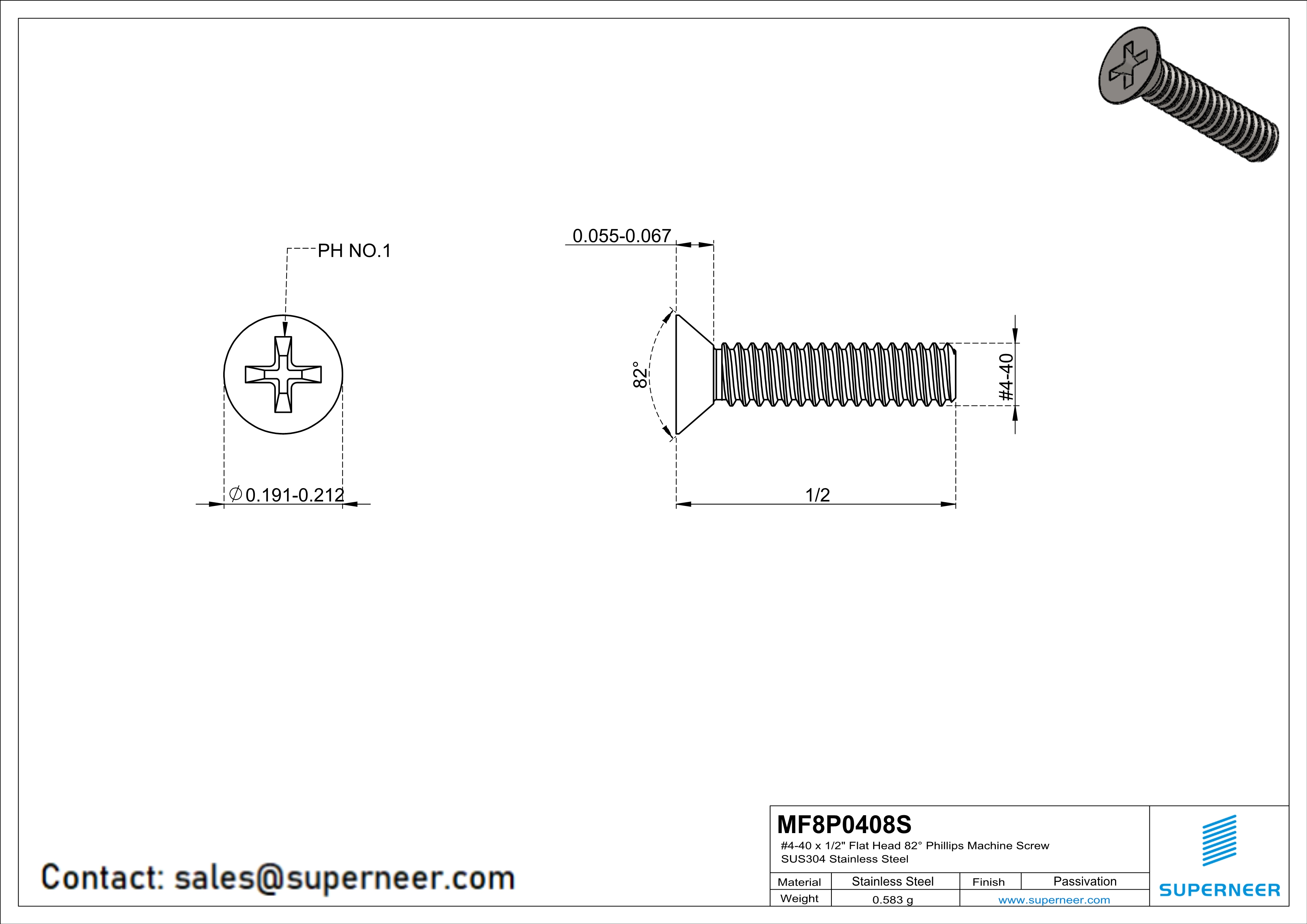 4-40 x 1/2"  Flat Head 82° Phillips Machine Screw SUS304 Stainless Steel Inox